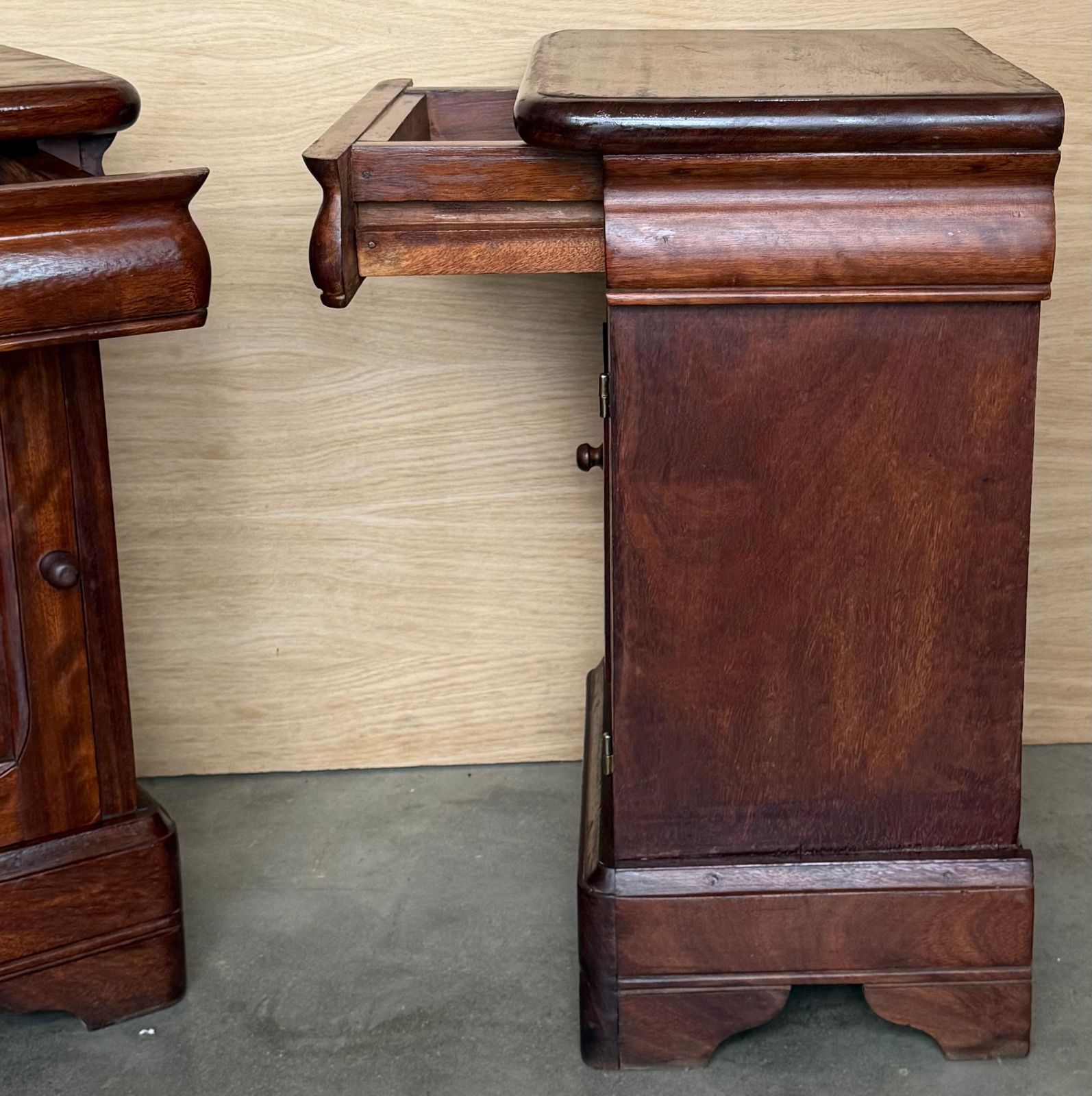 Furniture Pair Of Solid Walnut Biedermeier Nightstands With Drawer And Door, 1920 photo