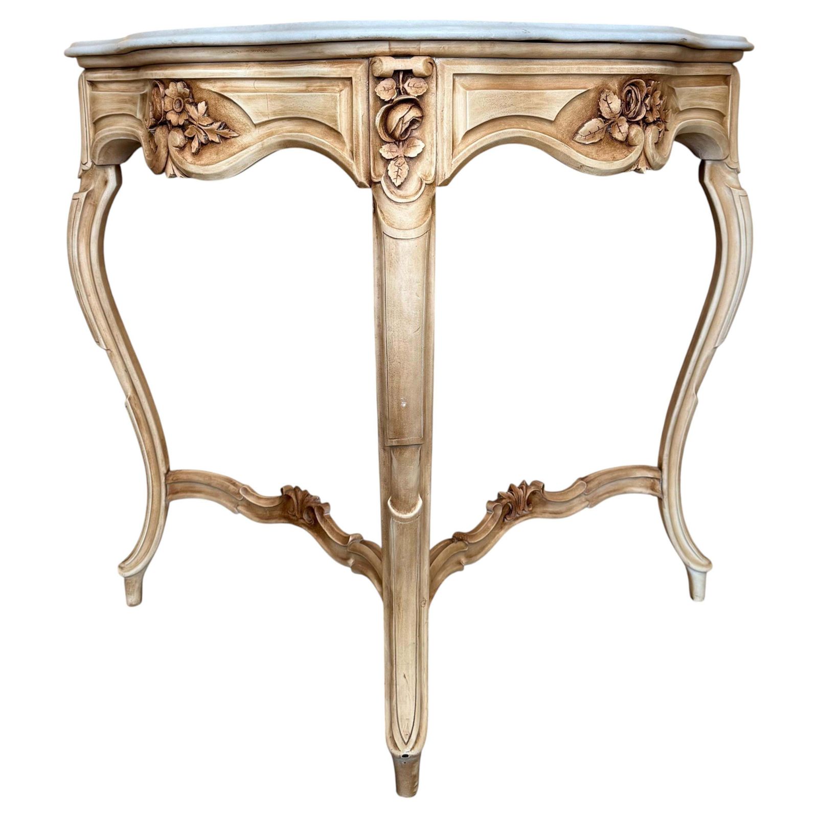 Antique Marble Topped Antique White Cream Carved Console Table