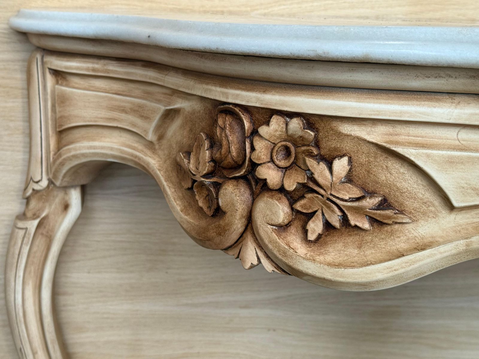 Antique Marble Topped Antique White Cream Carved Console Table photo vintage