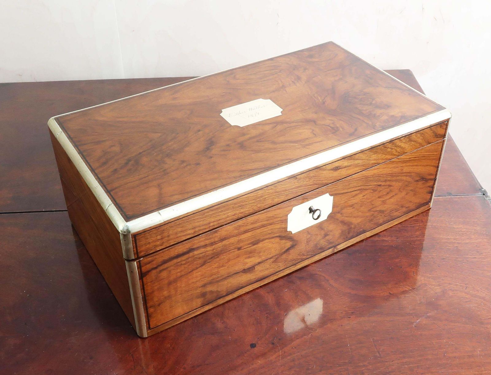 Large Antique Campaign Burr Walnut Writing Box. English. Dated 1871 photo furniture