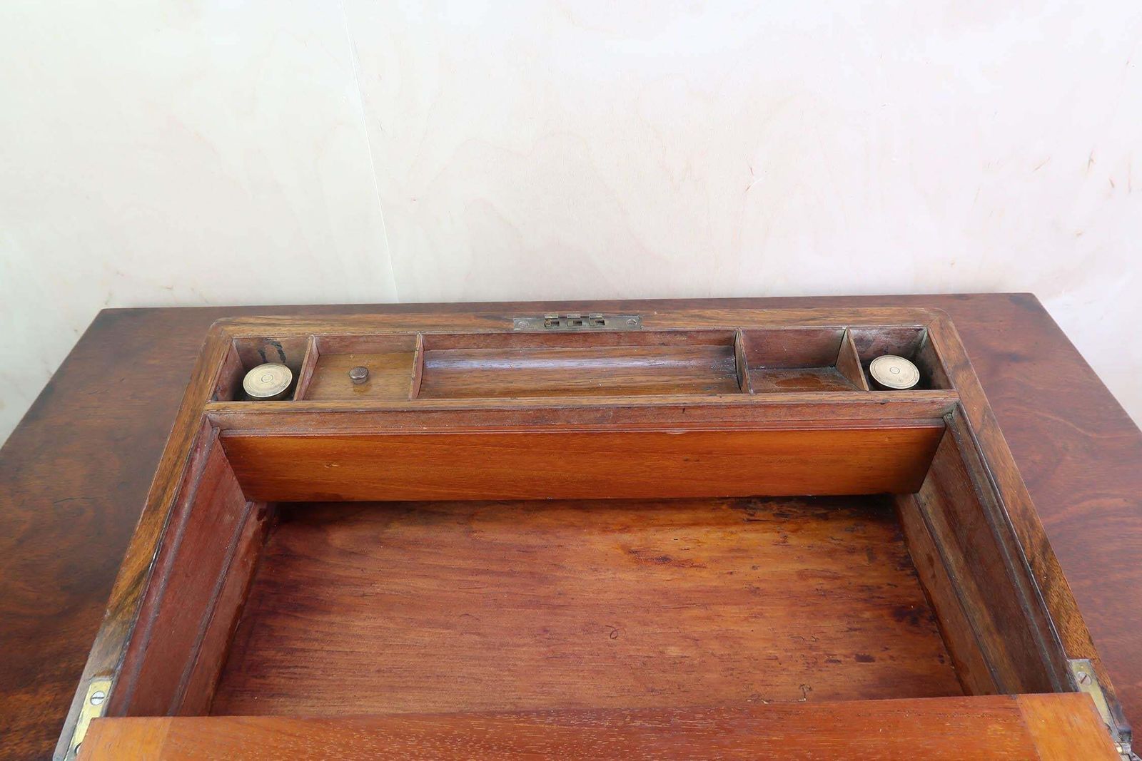 photo furniture Large Antique Campaign Burr Walnut Writing Box. English. Dated 1871
