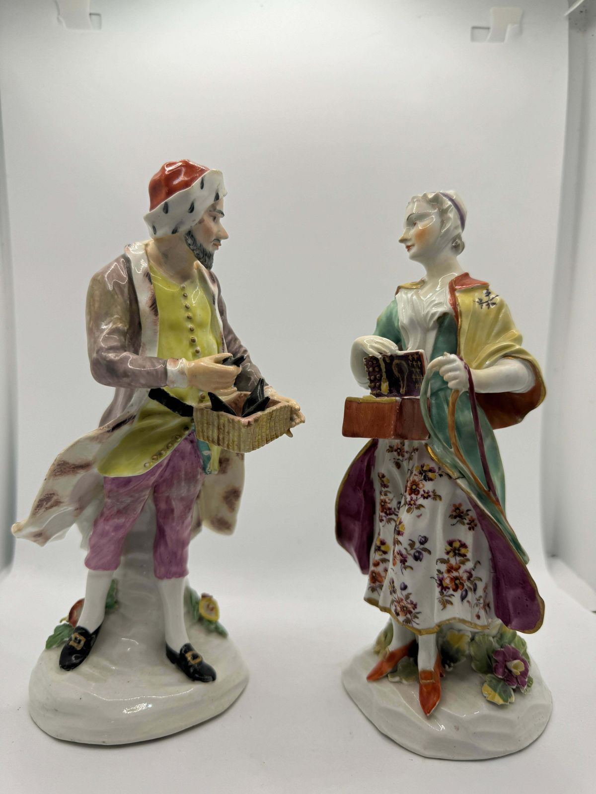 Pair Of 18th Century Derby Figures Of 'Jewish Pedlar And Companion' , Circa 1760 photo vintage
