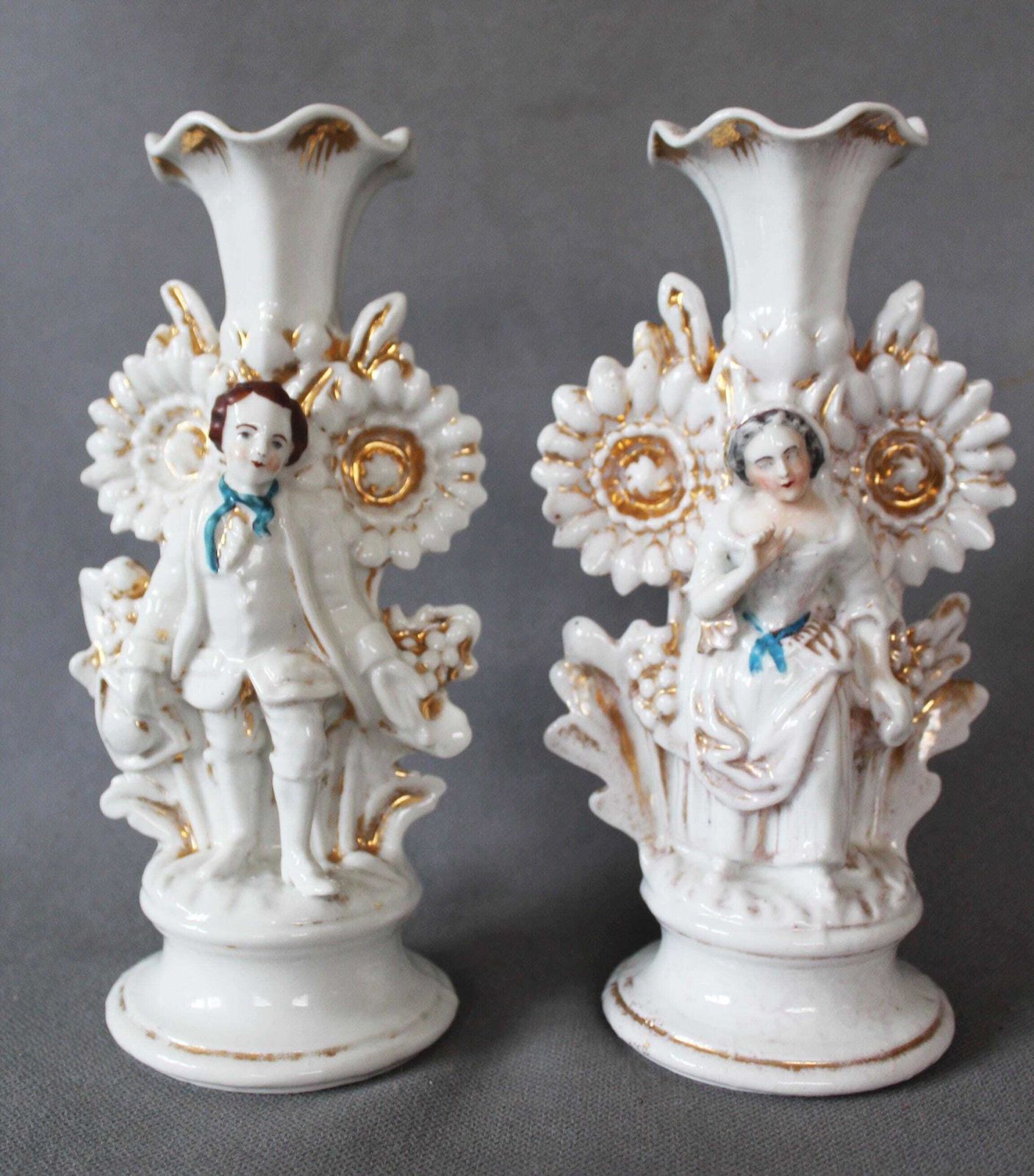 photo for sale Set Of Two Antique 19th Century Porcelain Vieux Paris Candle Holder, Couple Figurine Man Woman Statue