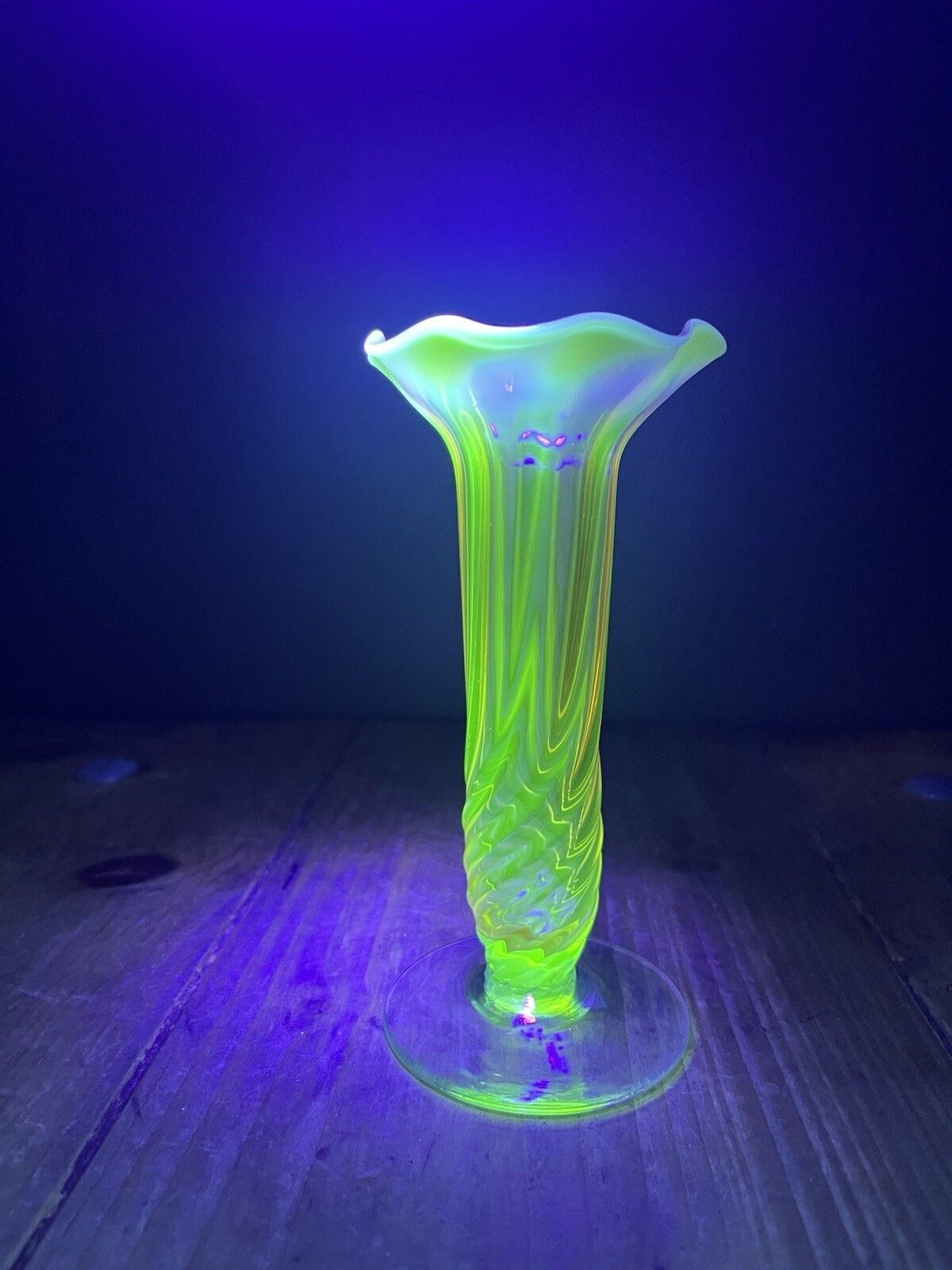Antique English Victorian Cranberry Uranium Vaseline Glass Ruffled Rim Bud Vase photo for sale