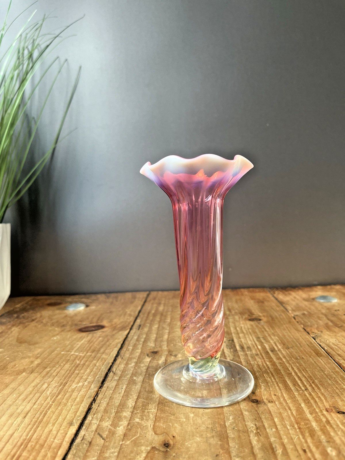 photo furniture Antique English Victorian Cranberry Uranium Vaseline Glass Ruffled Rim Bud Vase