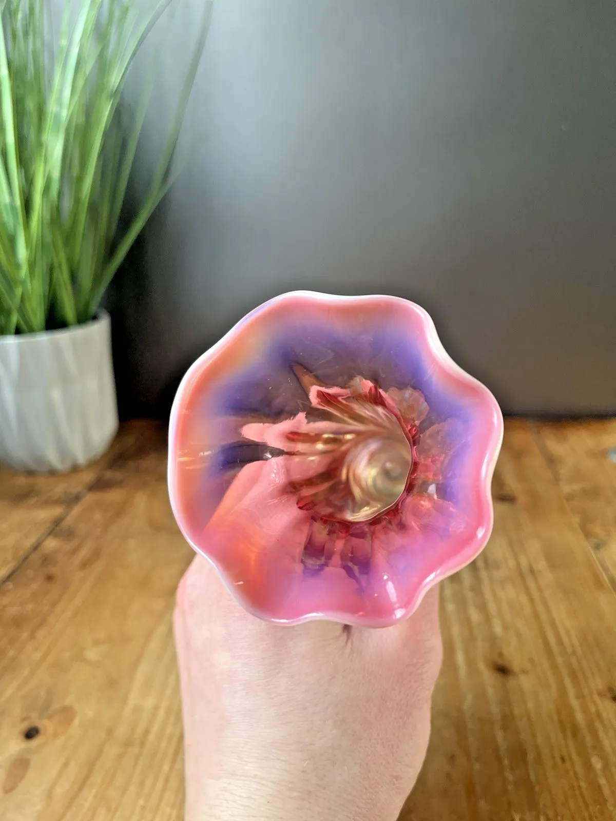 125.0 Antique English Victorian Cranberry Uranium Vaseline Glass Ruffled Rim Bud Vase photo