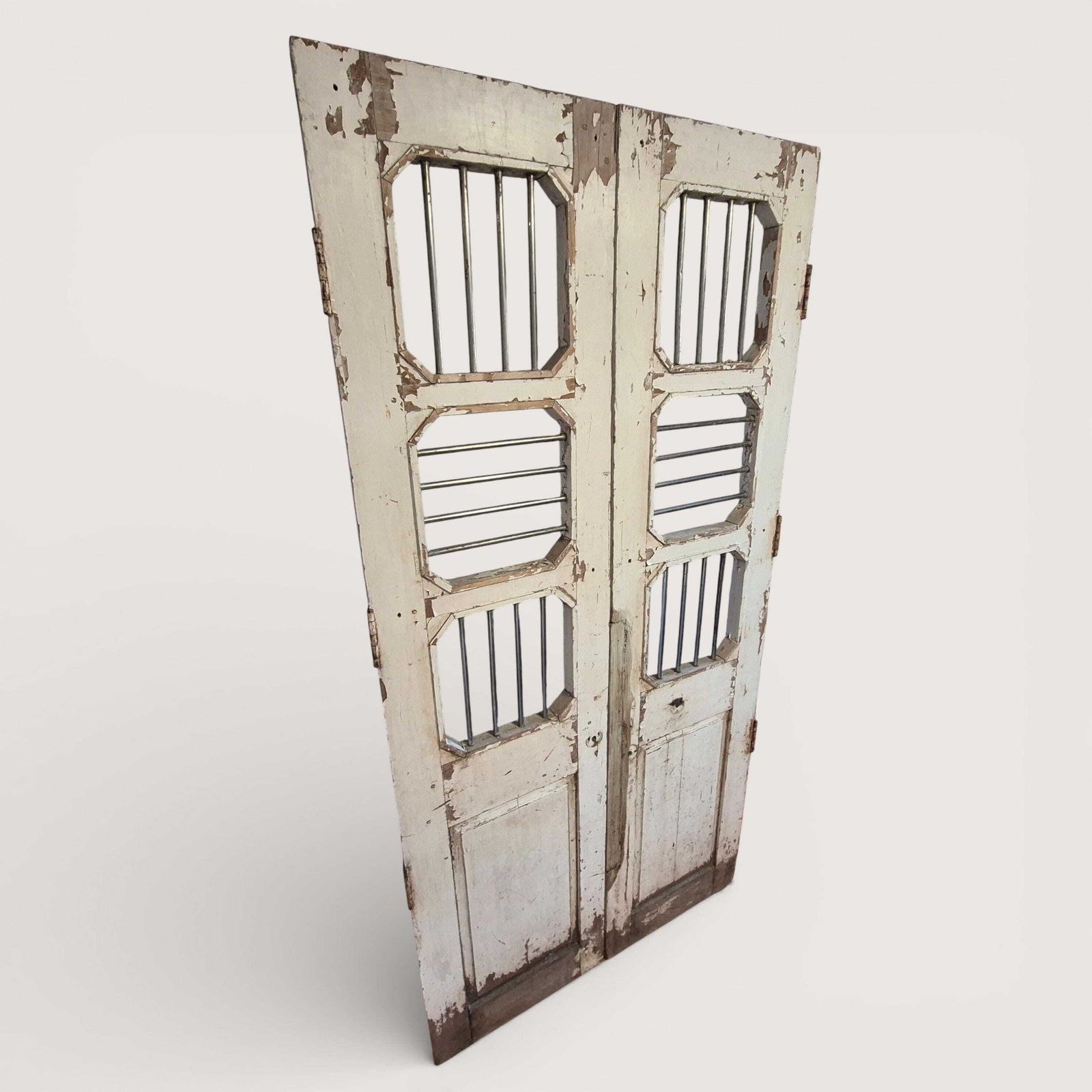 Antique Indian Jali Doors Pair 189cm | Reclaimed Teak Panels With Steel Bars | Architectural Salvage Feature Doors photo vinterior