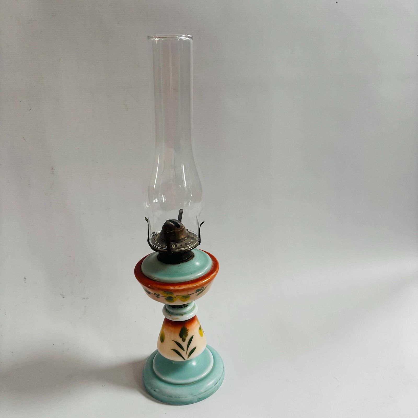 Victorian Opaline Milk Glass Oil Lamp, Hand Painted Floral Hurricane Table Lamp, 19th Century photo vintage