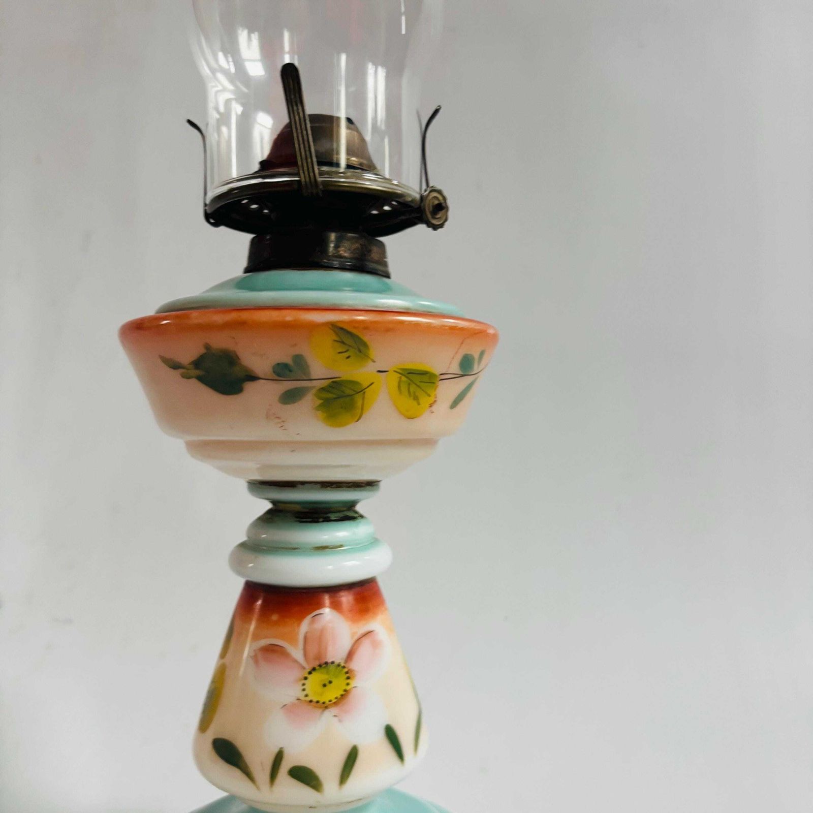 169.0 Victorian Opaline Milk Glass Oil Lamp, Hand Painted Floral Hurricane Table Lamp, 19th Century photo