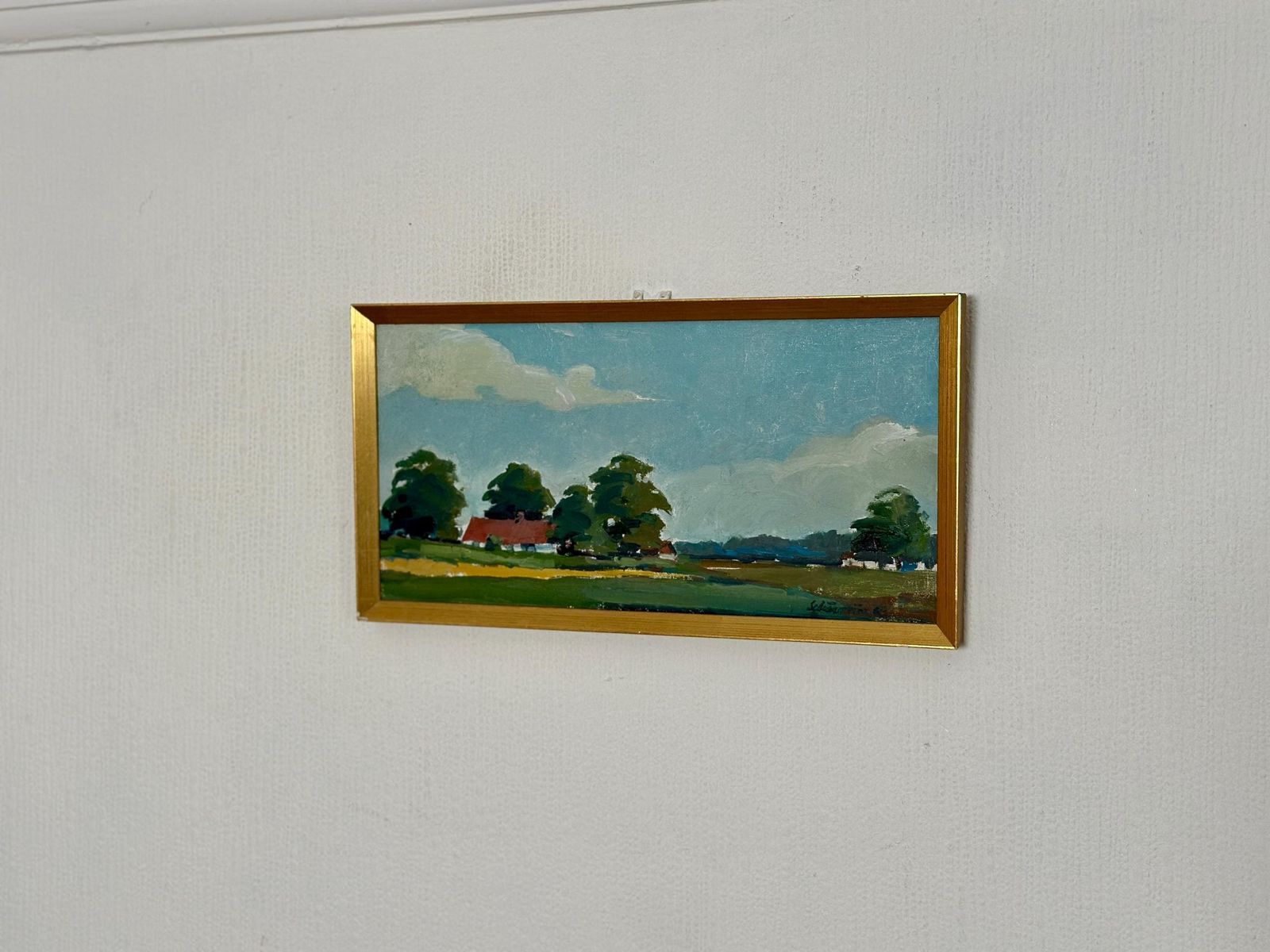 Original Swedish Oil On Canvas – “Landscape With Farms” By Schörström – Vintage & Framed – 22 × 42 Cm (8.7" × 16.5") photo furniture