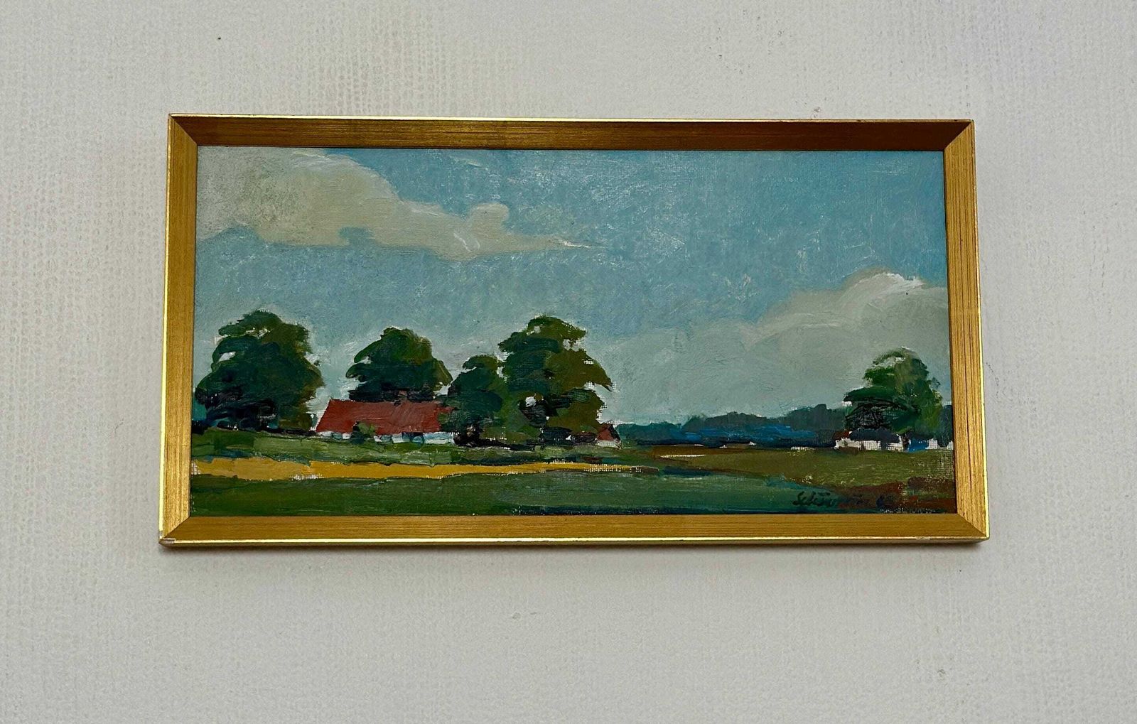 Original Swedish Oil On Canvas – “Landscape With Farms” By Schörström – Vintage & Framed – 22 × 42 Cm (8.7" × 16.5") photo for sale