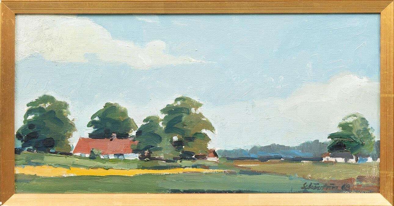 Original Swedish Oil On Canvas – “Landscape With Farms” By Schörström – Vintage & Framed – 22 × 42 Cm (8.7" × 16.5") photo 295.0
