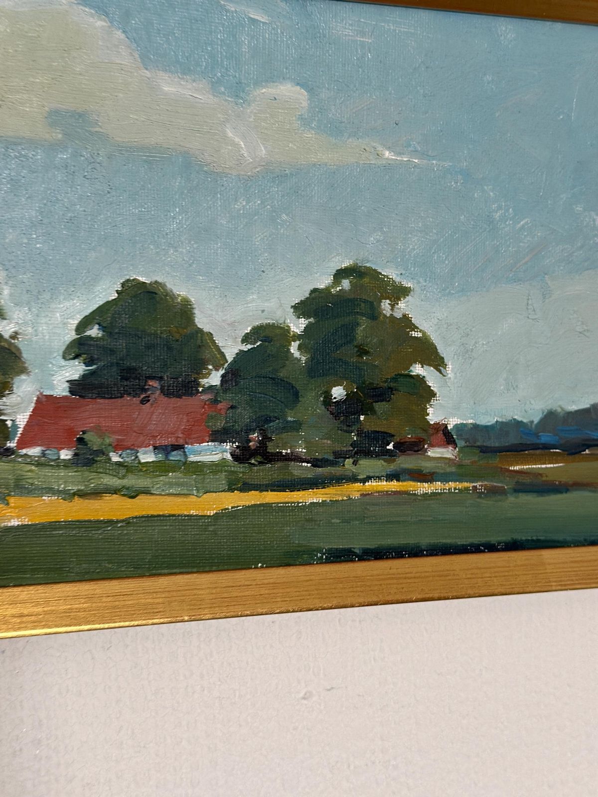 photo furniture Original Swedish Oil On Canvas – “Landscape With Farms” By Schörström – Vintage & Framed – 22 × 42 Cm (8.7" × 16.5")