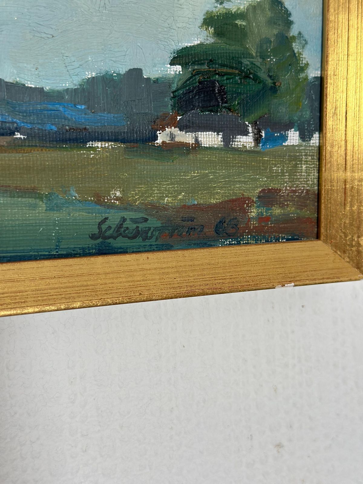 Art Original Swedish Oil On Canvas – “Landscape With Farms” By Schörström – Vintage & Framed – 22 × 42 Cm (8.7" × 16.5") photo