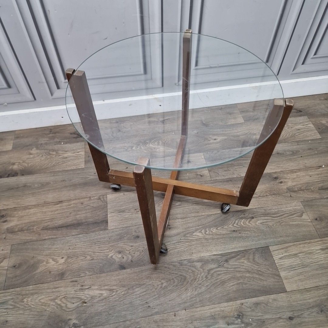 Vintage Glass Side Table Mid Century Modern – Wooden Retro Coffee On Castors photo for sale