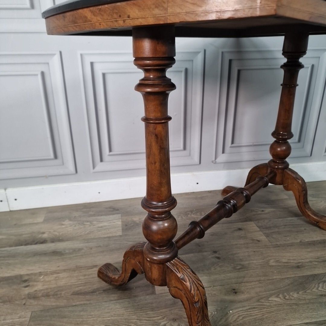 photo furniture Antique Victorian Console Table Wooden Inlaid Turned Stretcher Library Writing
