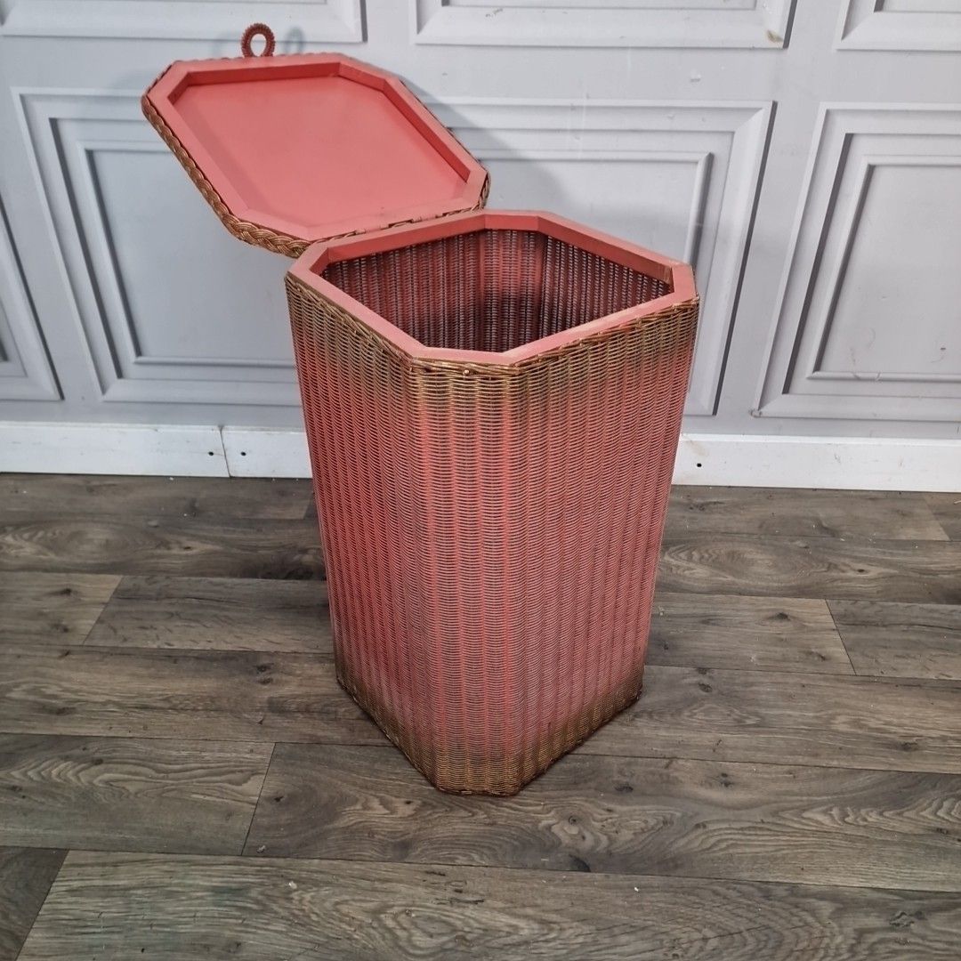 Vintage Laundry Basket  Lloyd Loom – Pink Woven Fibre Linen Storage Box – Lusty photo Home Decor