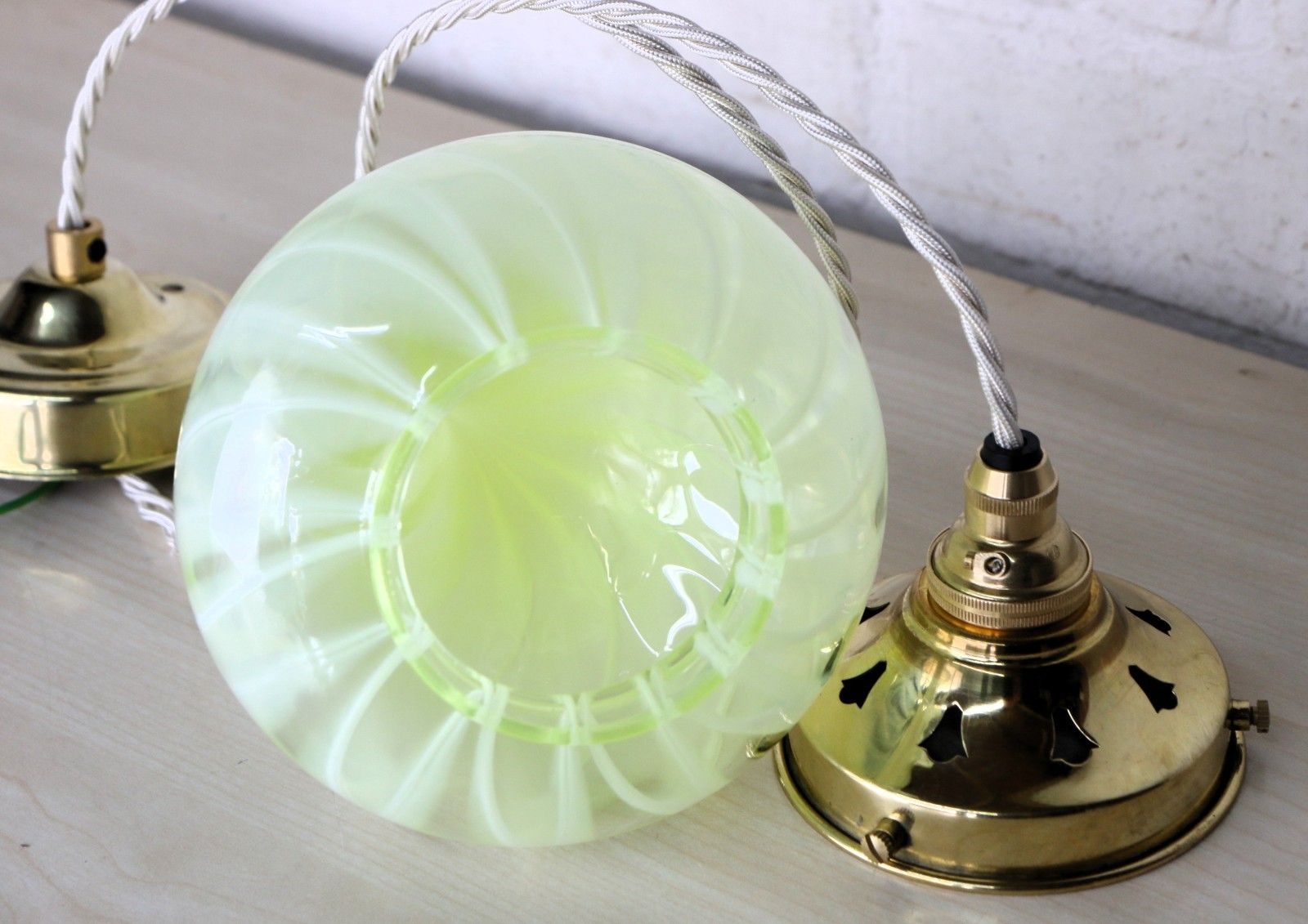 photo vintage Ceiling Light Vaseline Glass Teardrop Lampshade Art Nouveau With New Fittings