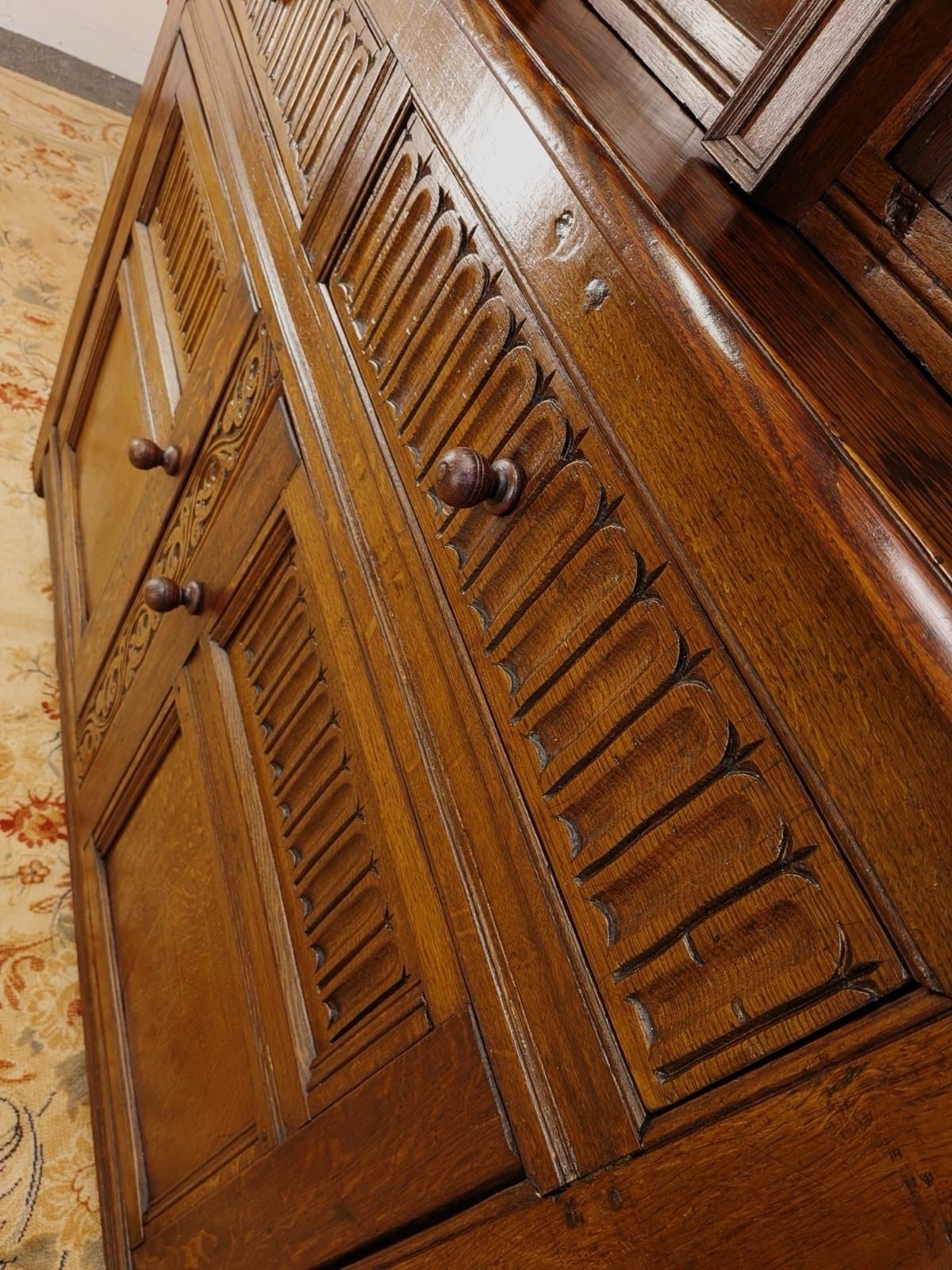 Rare 18th Century Georgian Period Large Solid Oak Carved Court Cupboard photo vintage
