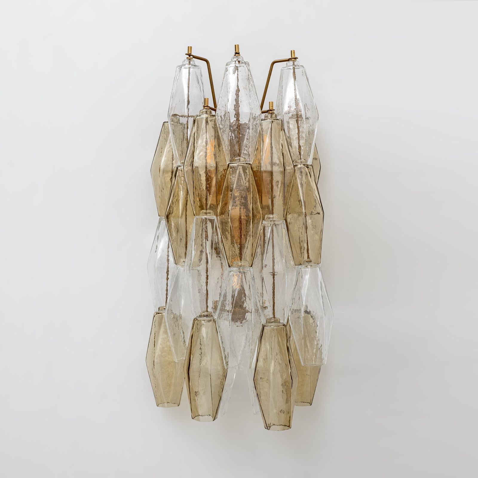 Pair Of Mid Century Italian Murano Glass Poliedri Sconces In Amber And Clear photo for sale