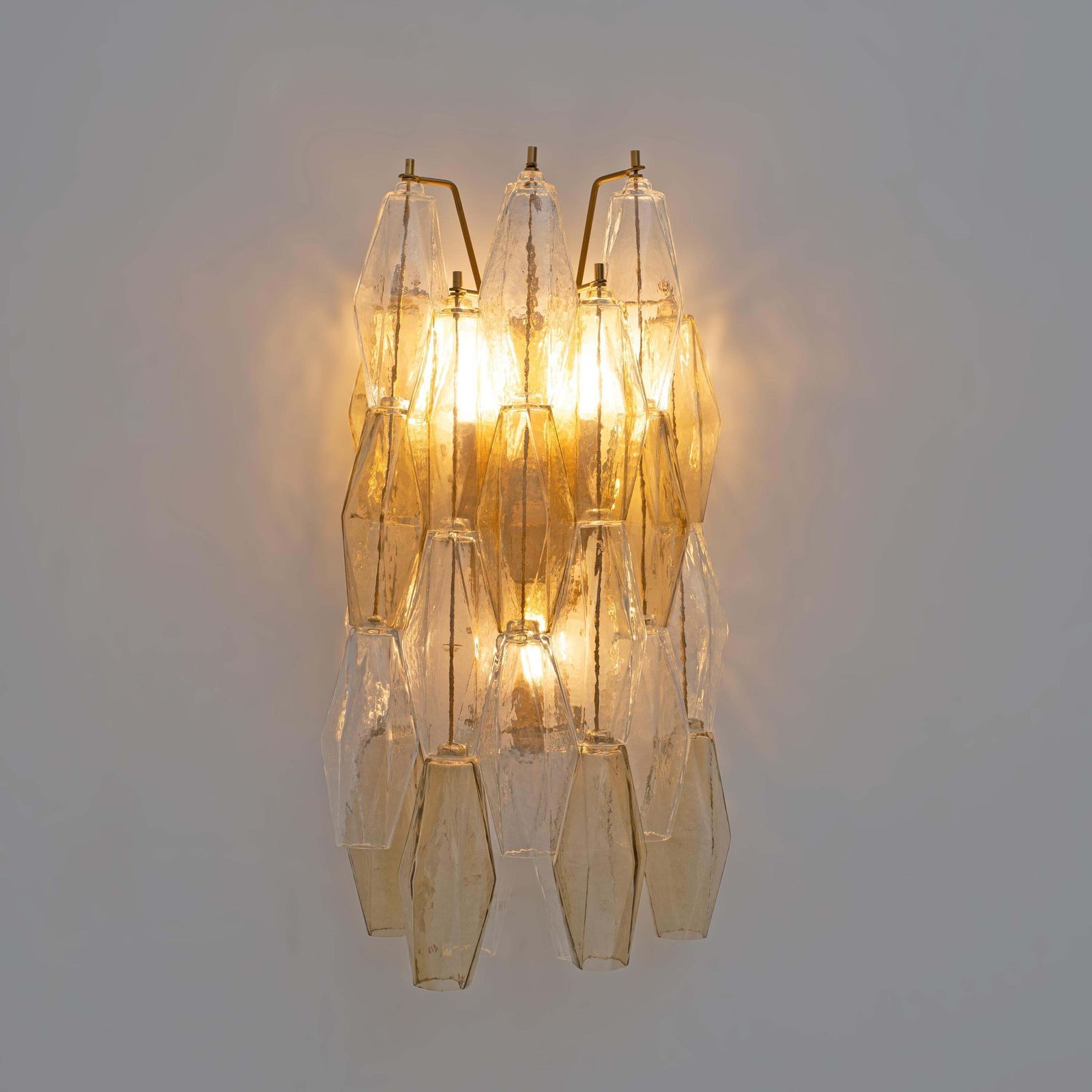 Pair Of Mid Century Italian Murano Glass Poliedri Sconces In Amber And Clear photo Lighting