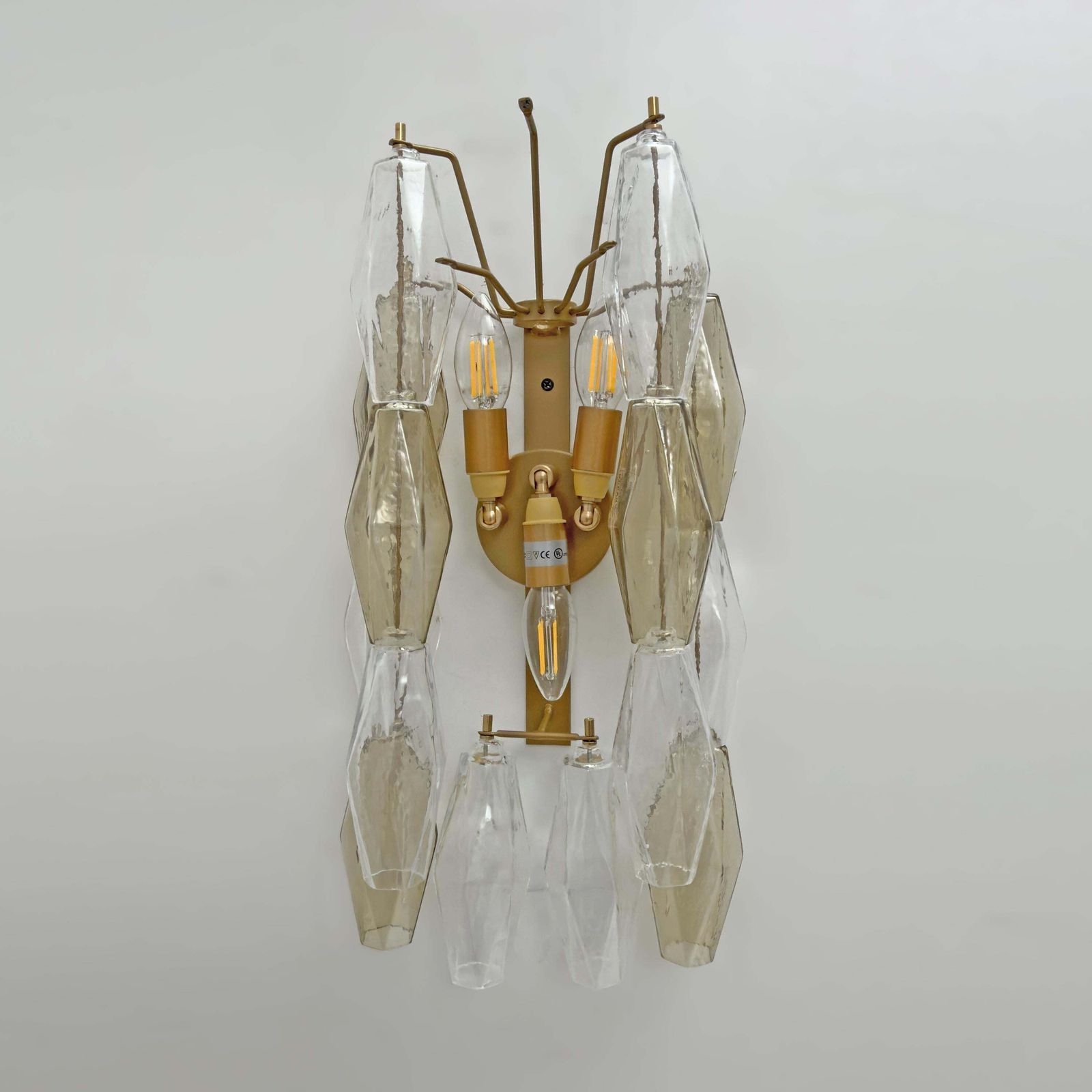 Pair Of Mid Century Italian Murano Glass Poliedri Sconces In Amber And Clear photo vintage