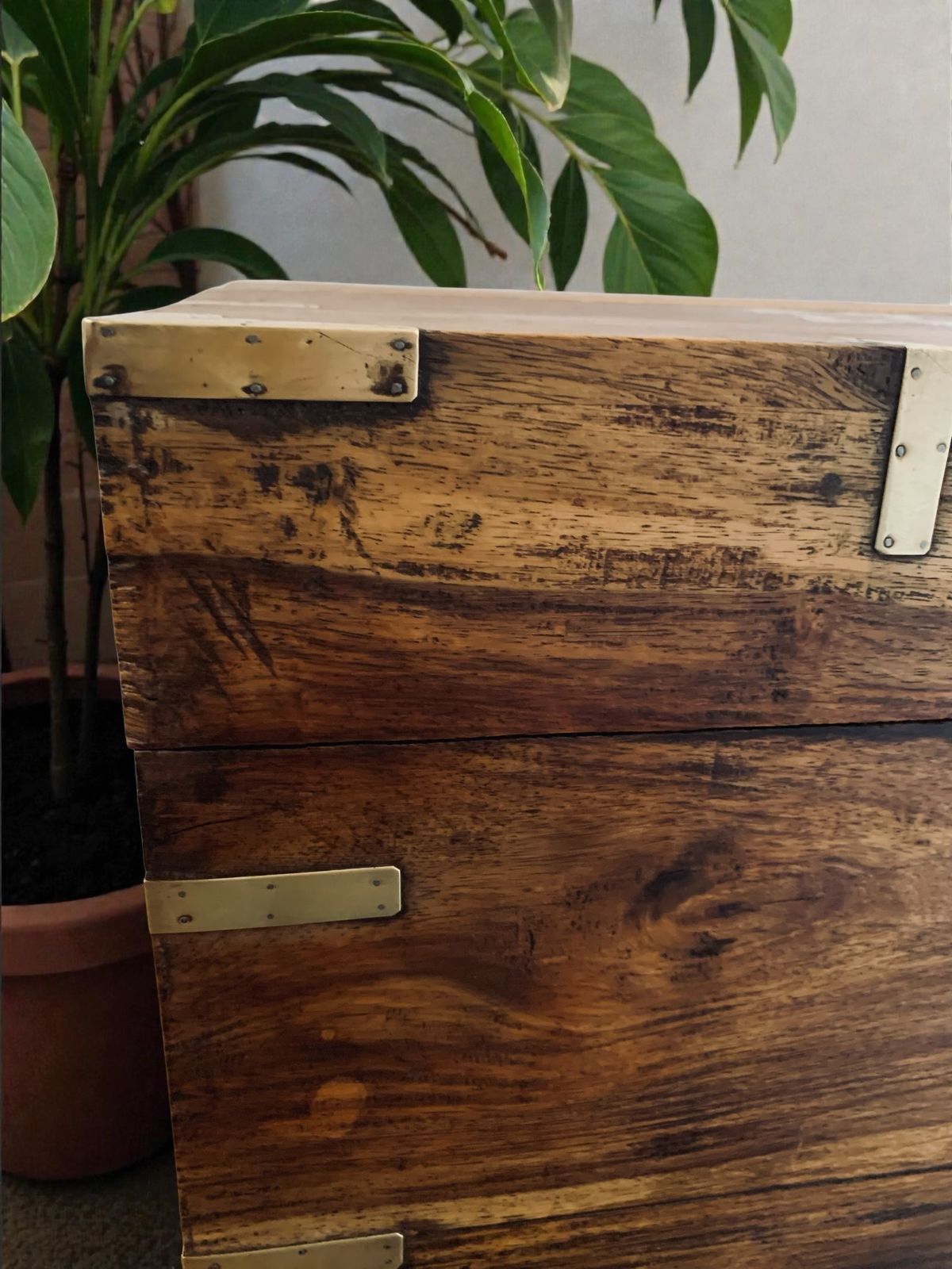 19th Century Brass Bound Teak Wood Campaign Chest, Liquor Drinks Chest Box photo vintage