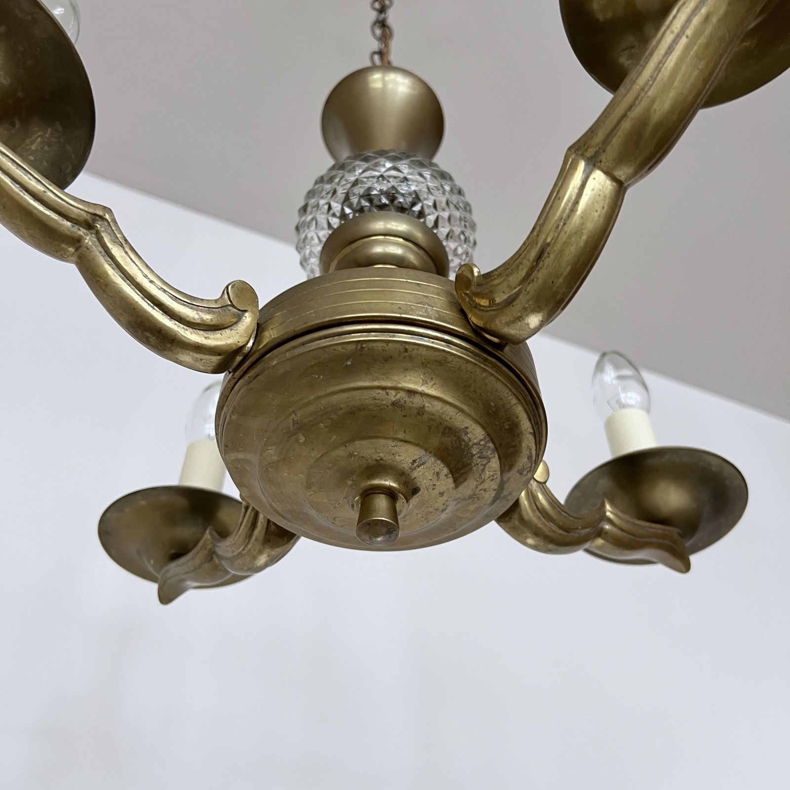Brass Four Arm Chandelier With Faceted Glass Stem Detail photo vintage