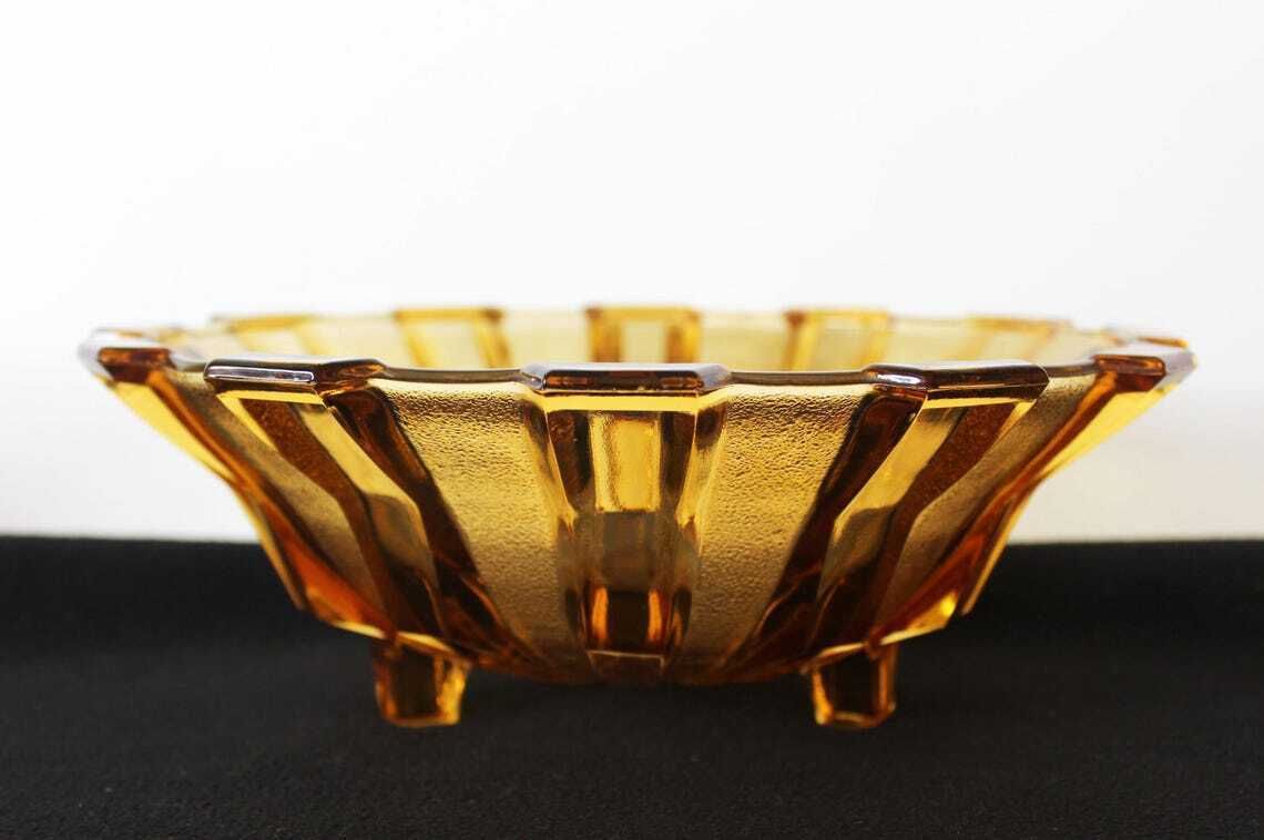 Large Vintage Art Deco Circa 1930s Amber Glass Fruit Bowl Belgium By Scailmont Henri Heemskerk Geometric Design Centerpiece photo vintage