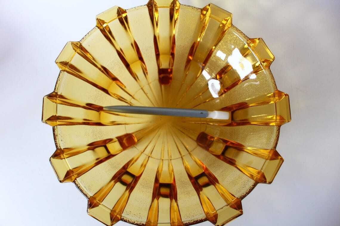 photo for sale Large Vintage Art Deco Circa 1930s Amber Glass Fruit Bowl Belgium By Scailmont Henri Heemskerk Geometric Design Centerpiece