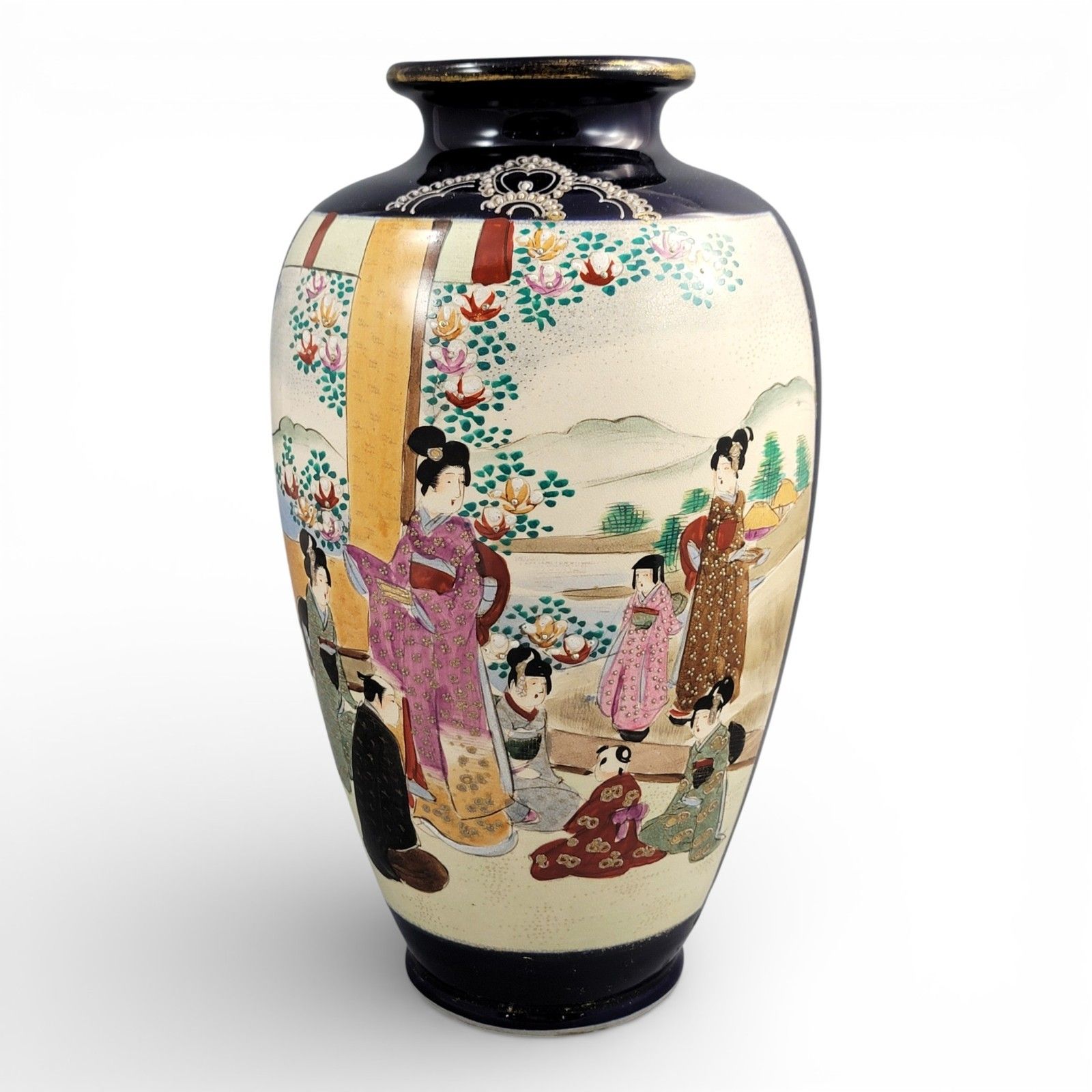 Satsuma Cobalt Ground Vase With Moriage Court Scenes, Japan, C. 1890–1910