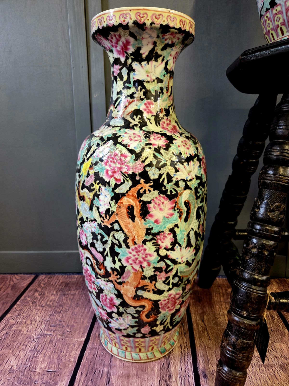 Pair Of Large Chinese Porcelain Floor Vases, Dragon & Floral Decoration, Famille Noire Style, Mid 20th Century (64cm) photo for sale