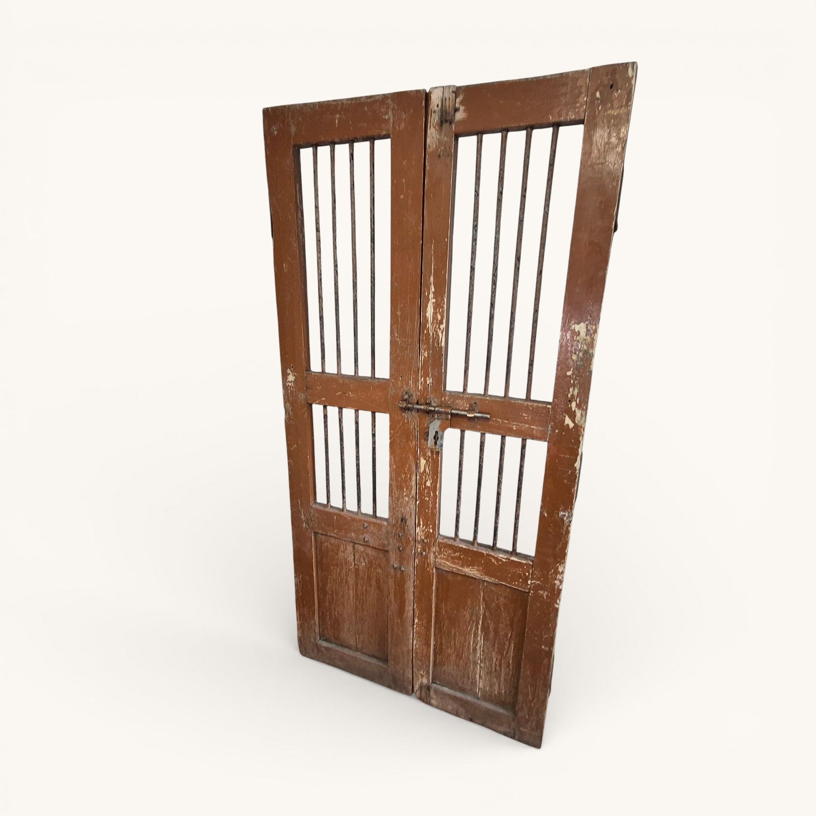 Antique Indian Jali Doors Pair 182cm X 91.5cm | Rustic Wooden Panel Doors With Metal Bars | Architectural Salvage photo Home Fixtures