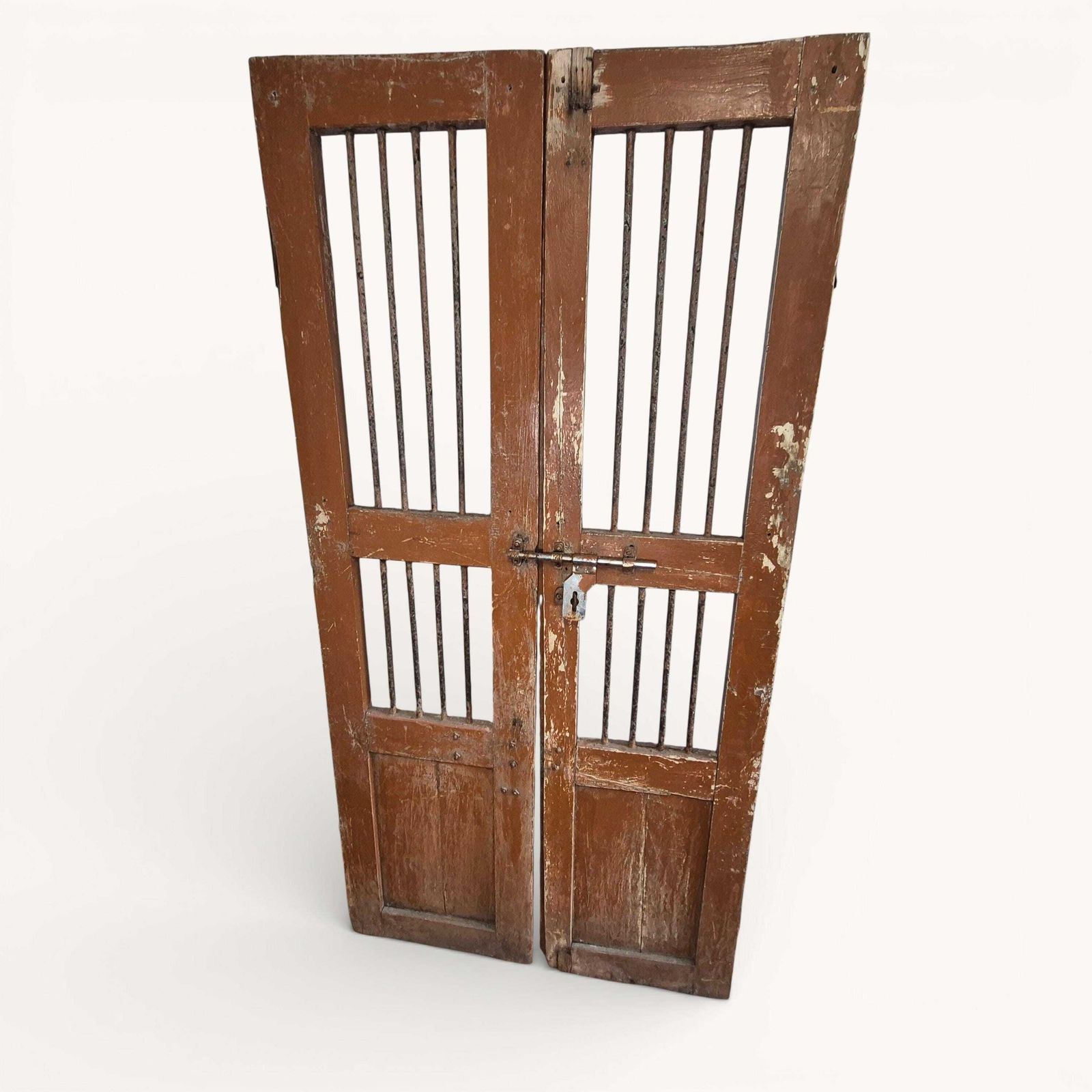 Antique Indian Jali Doors Pair 182cm X 91.5cm | Rustic Wooden Panel Doors With Metal Bars | Architectural Salvage photo vinterior