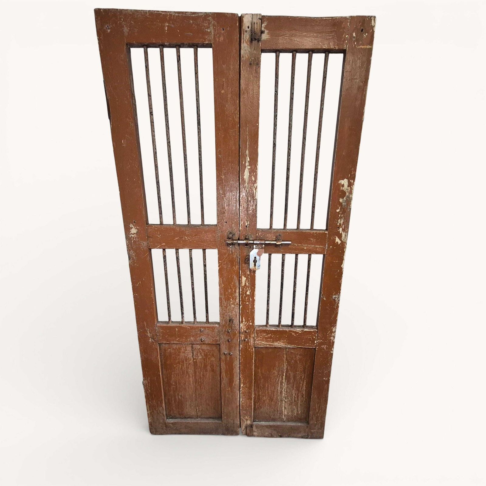 430.0 Antique Indian Jali Doors Pair 182cm X 91.5cm | Rustic Wooden Panel Doors With Metal Bars | Architectural Salvage photo