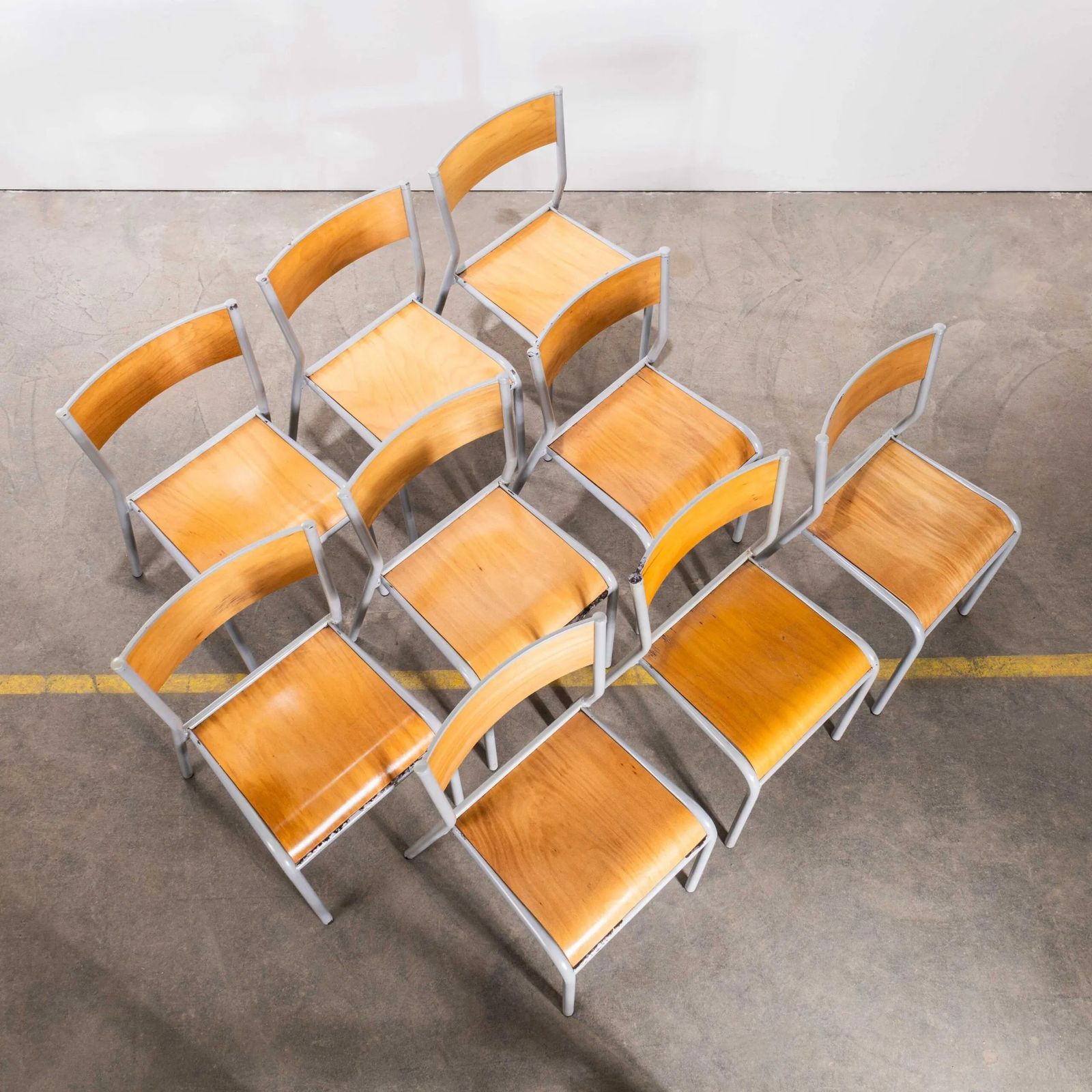 1950’s French Mullca Stacking Dining Chairs – Grey Wide Seat 510 – Set Of Nine photo for sale