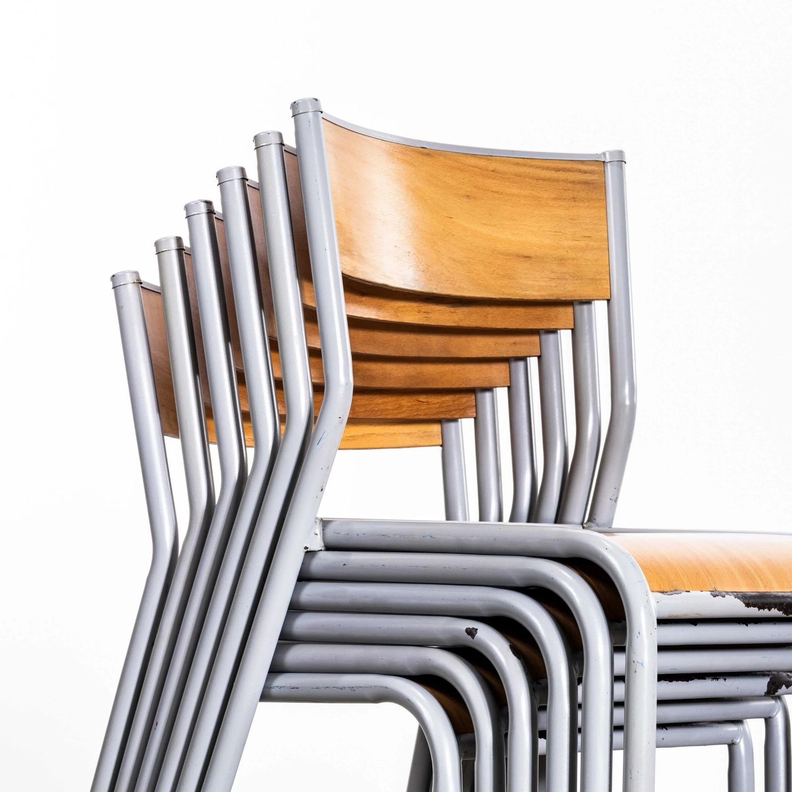 1950’s French Mullca Stacking Dining Chairs – Grey Wide Seat 510 – Set Of Nine photo Furniture