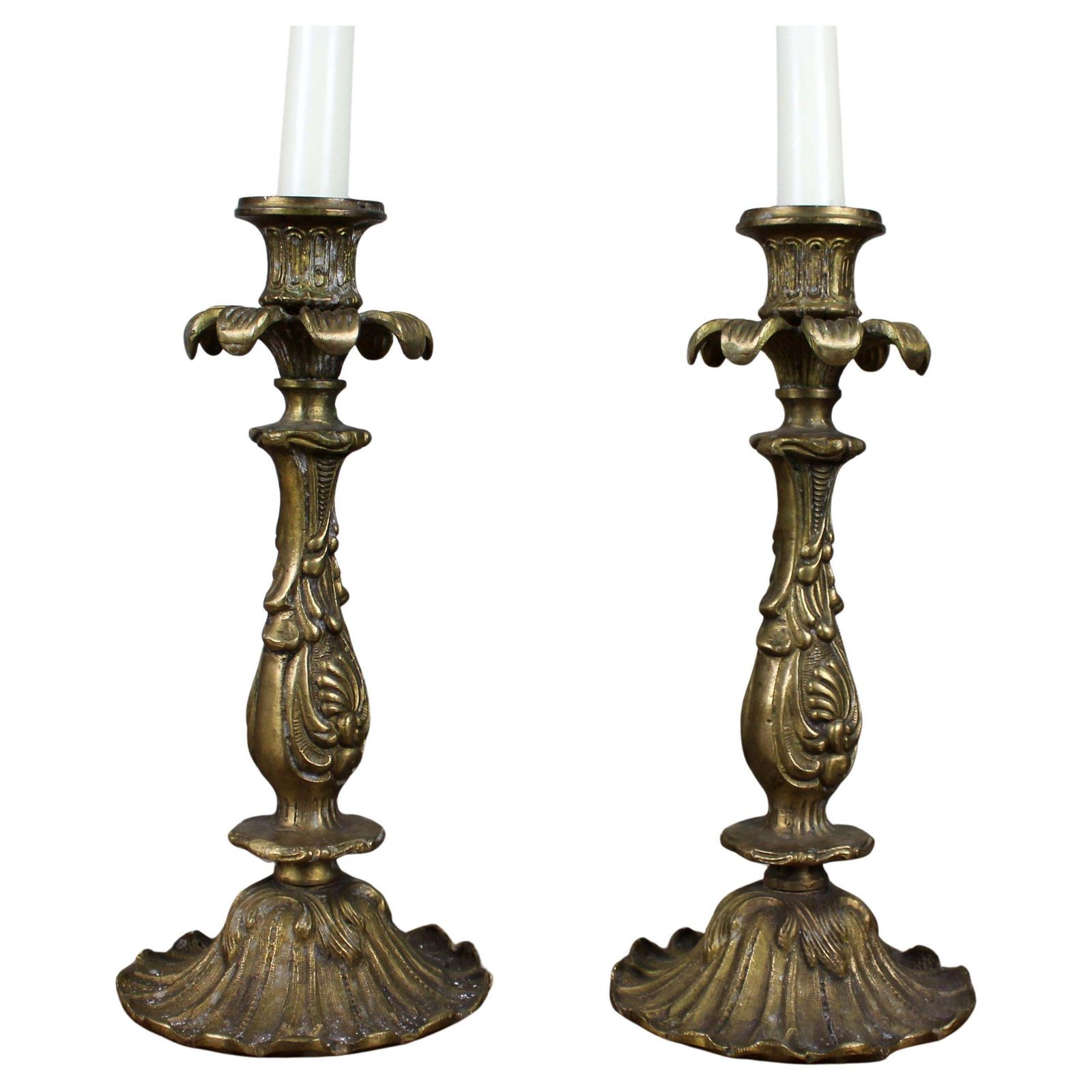 Pair Of French Rococo Revival Cast Brass Candlesticks, C.1890