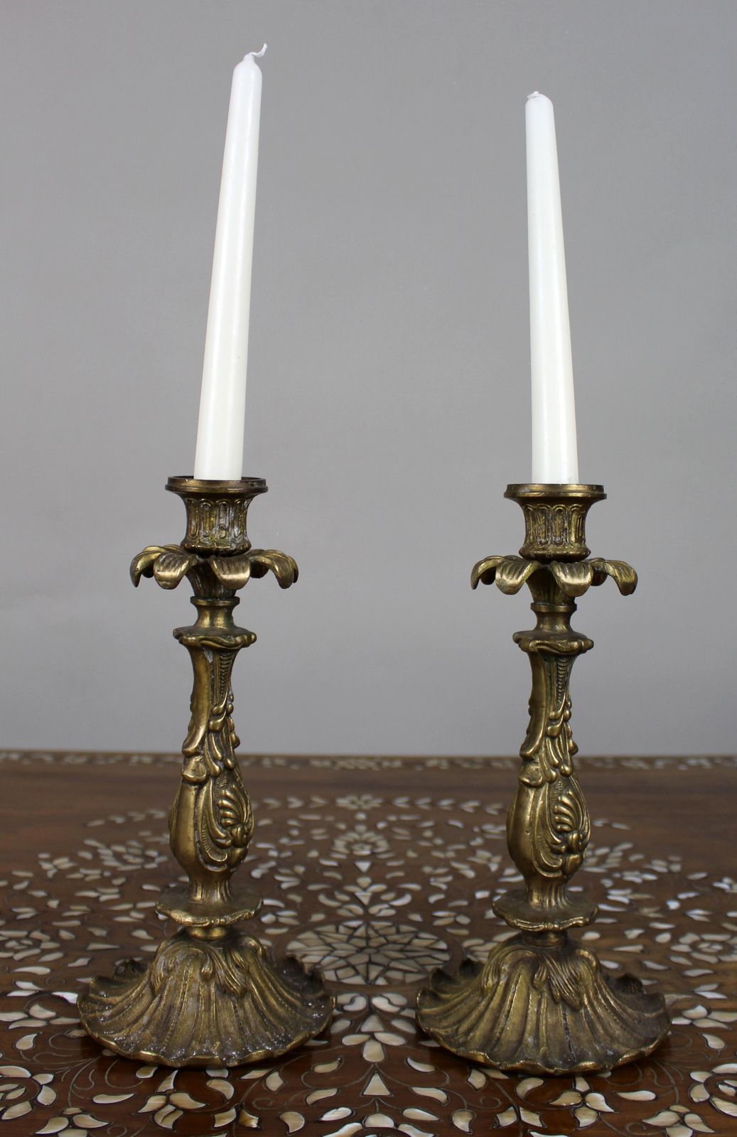 Pair Of French Rococo Revival Cast Brass Candlesticks, C.1890 photo for sale