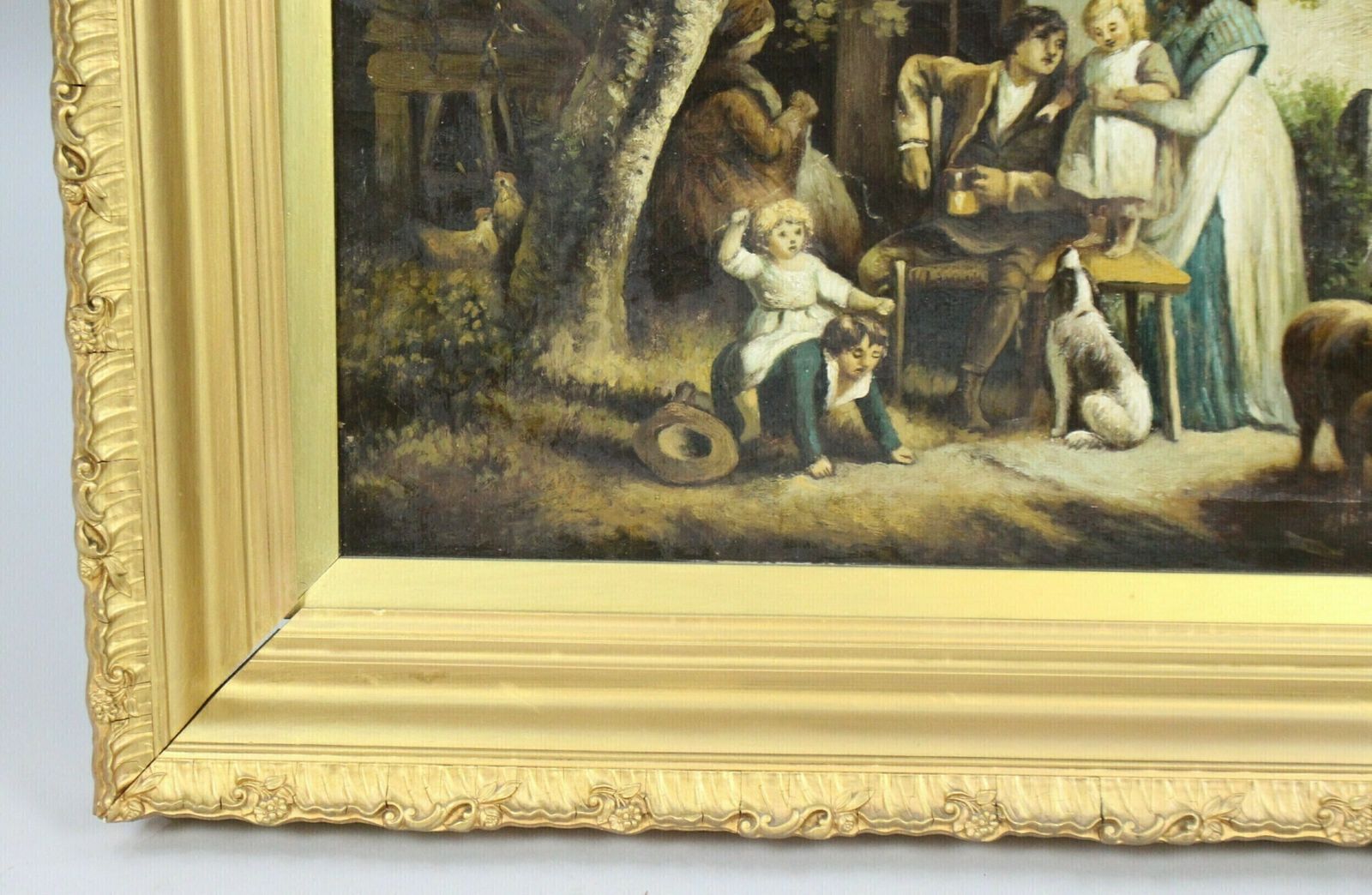 Early 19th C. Country Genre Scene Oil On Canvas photo vintage