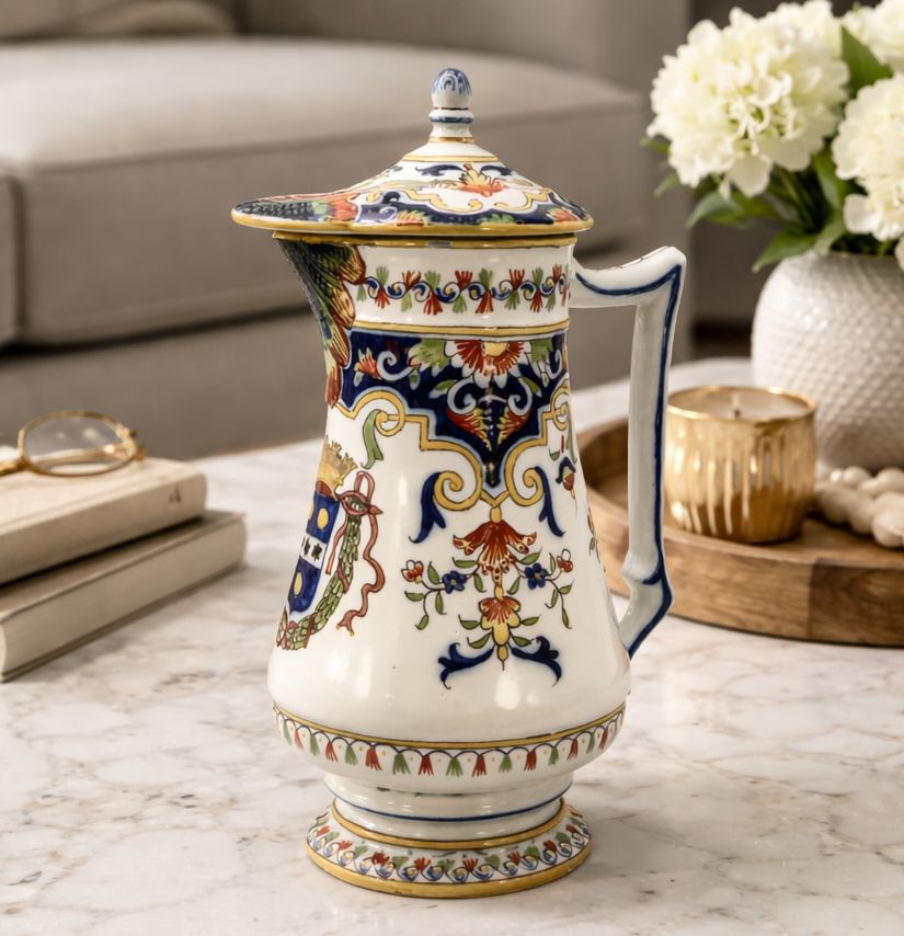 Pitcher Coffee Pot Faience French Cherbourg Polychrome Coat Of Arms Ceramic Jug photo furniture