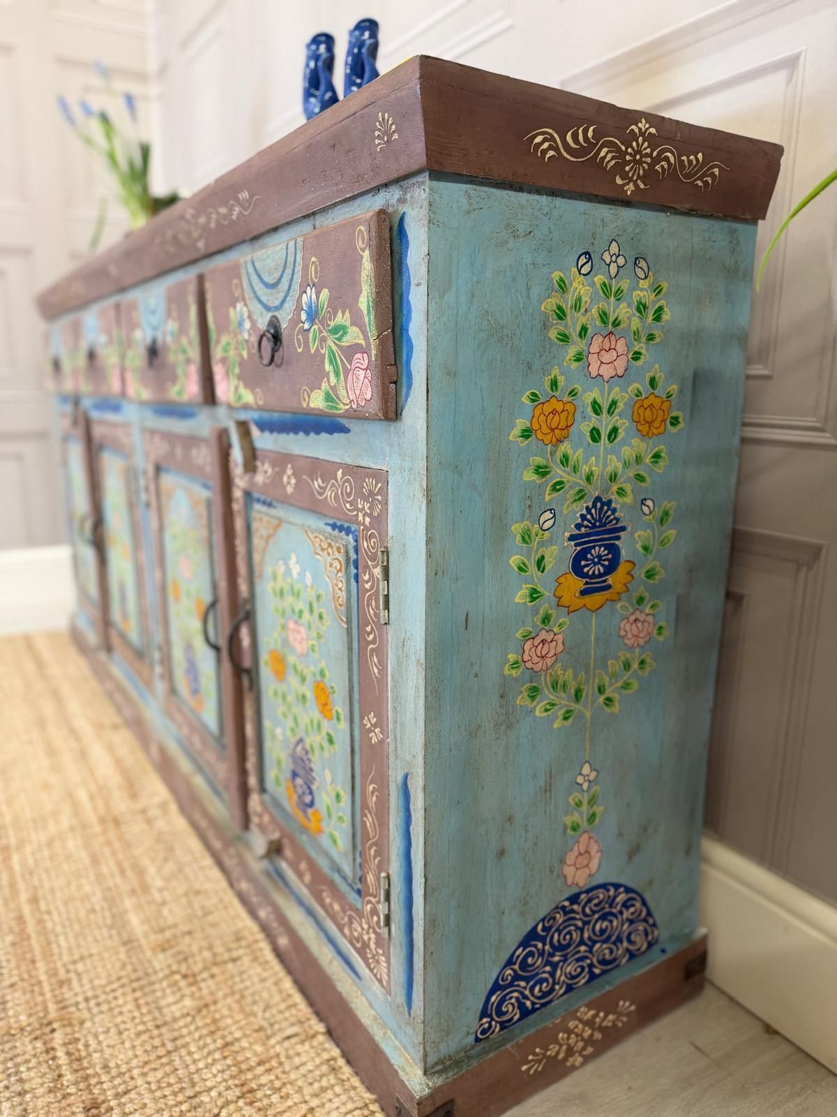 Vintage Hand Painted Mango Wood Sideboard – 4 Doors, 4 Drawers, Turquoise Finish photo for sale