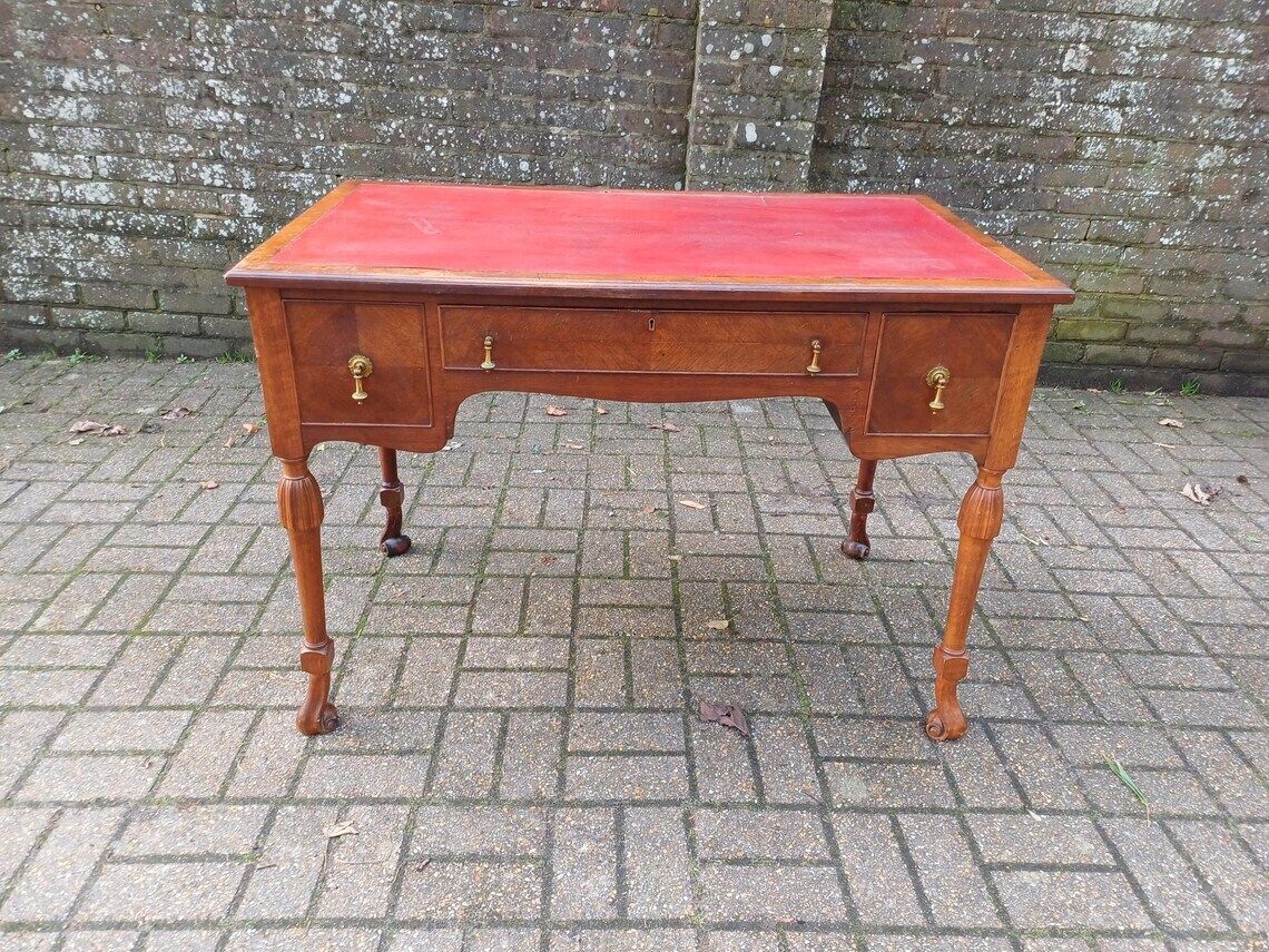 Early 20th Century Continental Mahogany Desk Table Three Drawers Brass Handles Veneered Fronts Quality Craftsmanship