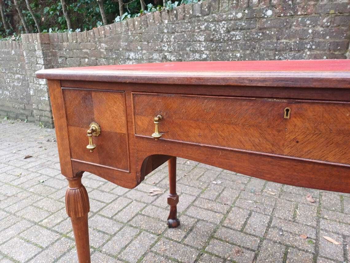 photo vinterior Early 20th Century Continental Mahogany Desk Table Three Drawers Brass Handles Veneered Fronts Quality Craftsmanship