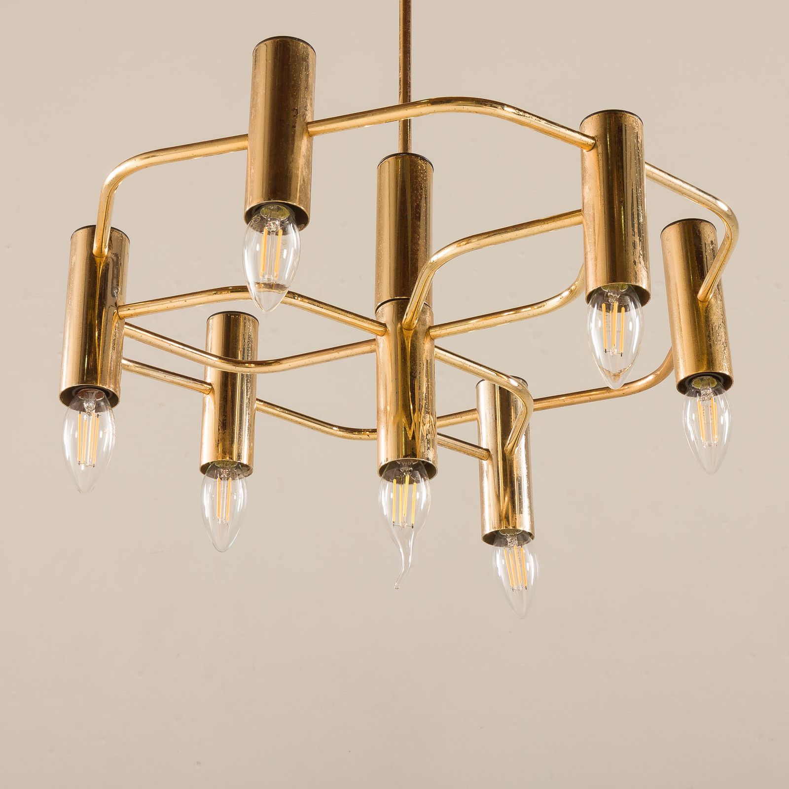 Vintage Geometric Brass Chandelier By Gaetano Sciolari, 1970s photo vinterior