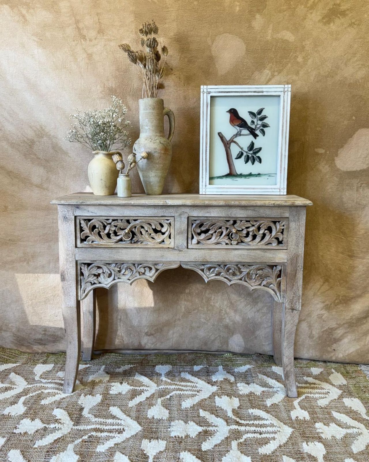 Hand Carved Mango Wood Console Table – Sandblasted Natural Finish With Two Drawers