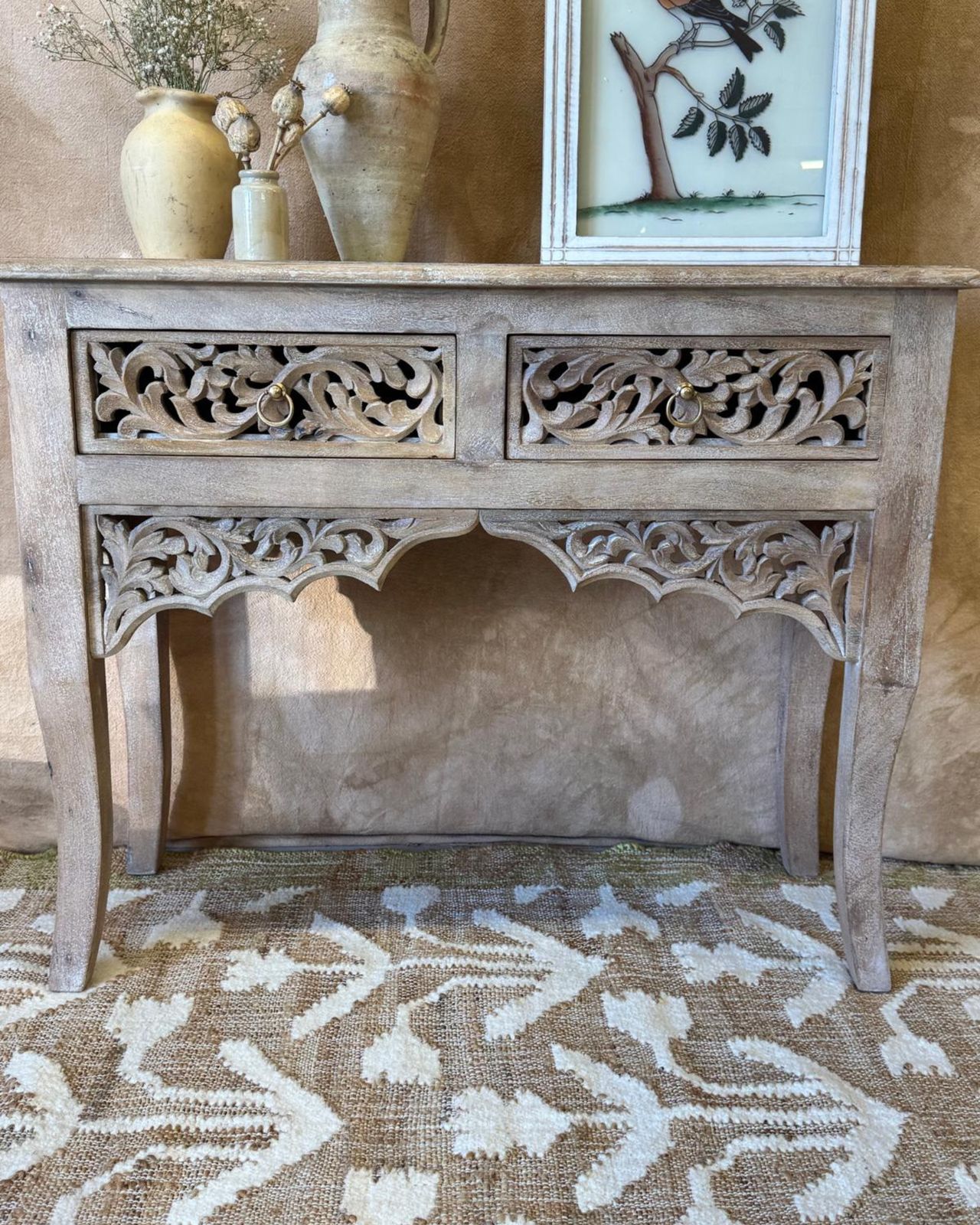 Hand Carved Mango Wood Console Table – Sandblasted Natural Finish With Two Drawers photo 425.0