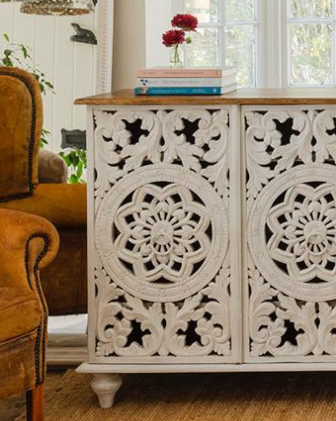 Four Door Mango Wood Sideboard, Hand Carved And Bleached, With Open Floral Design. photo furniture