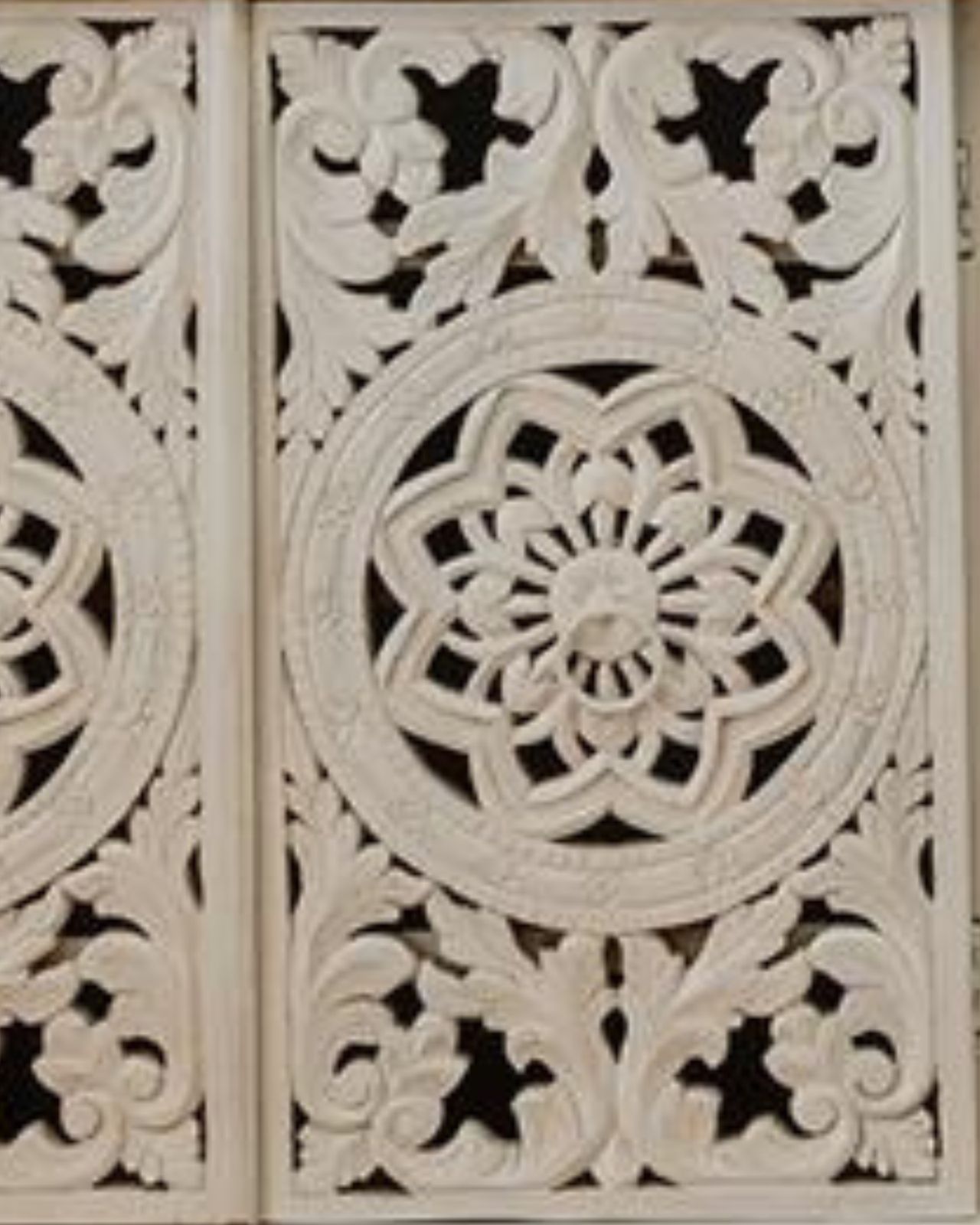 Four Door Mango Wood Sideboard, Hand Carved And Bleached, With Open Floral Design. photo for sale