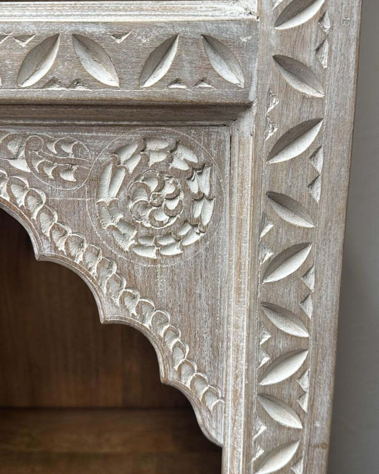 photo for sale Hand Carved Mango Wood Bookcase With A Light Natural Cream Washed Finish And Arched Shelves